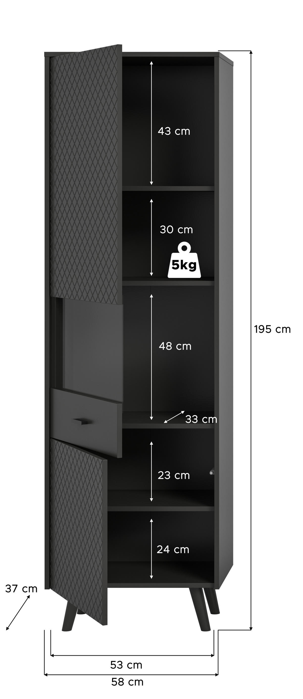 Vitrinenschrank LINEA grau schwarz B/H/T: ca. 58x195x37 cm LINEA - schwarz/grau (58,00/195,00/37,00cm) - xonox.home