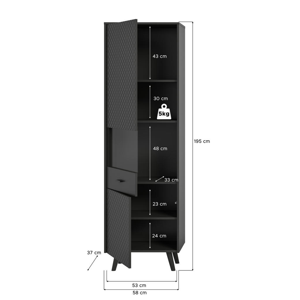 Thumbnail - Vitrinenschrank LINEA grau schwarz B/H/T: ca. 58x195x37 cm