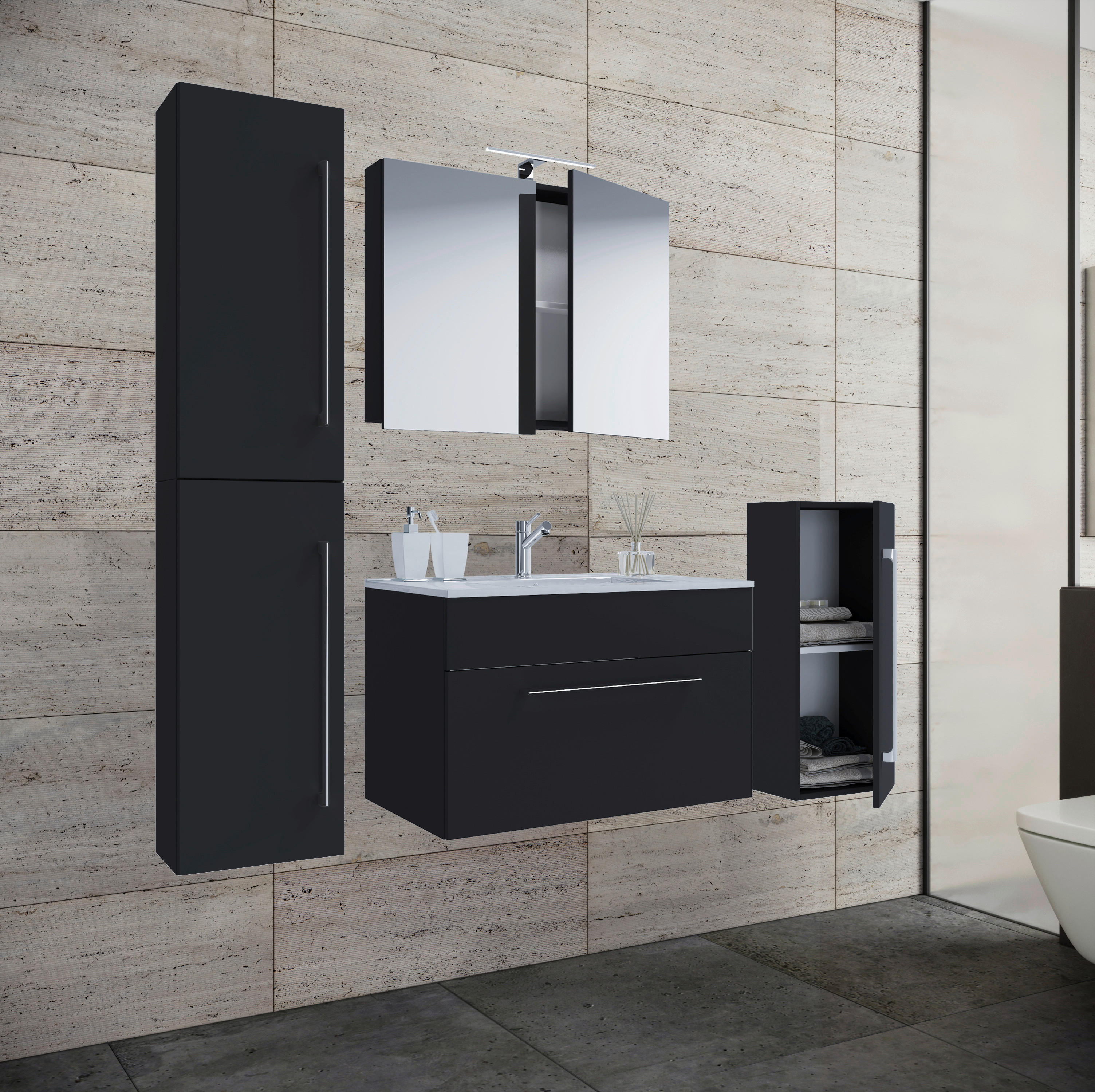 Waschplatz 5tlg-Badinos schwarz B/H/T: ca. 80x50x46 cm 5tlg-Badinos - schwarz (80,00/50,00/46,00cm) - VCM Möbel