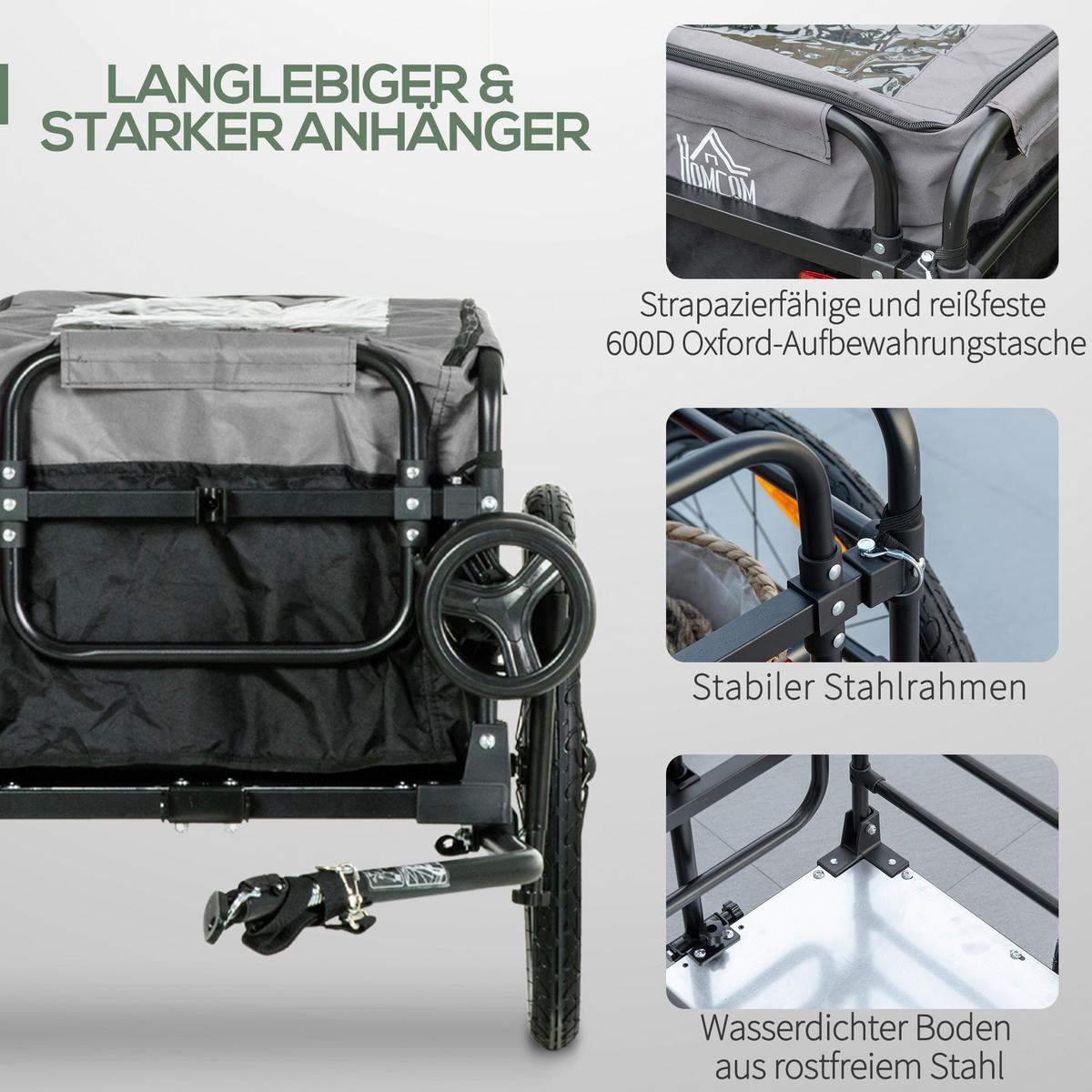 HOMCOM Fahrradanhänger grau grau B/H/L: ca. 64x130x103 cm Lastenanhänger - schwarz/grau (103,00/64,00/130,00cm) - HOMCOM