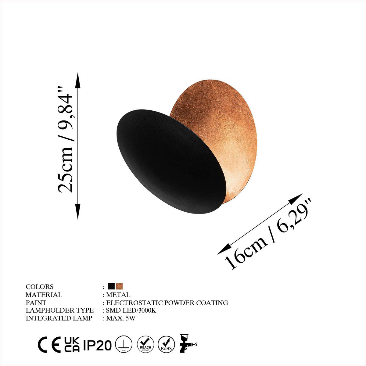 Opviq Wandleuchte schwarz Kupfer Metall B/H/T/L: ca. 16x25x16x25 cm Yosma - schwarz/Kupfer (25,00/16,00/25,00cm) - Opviq