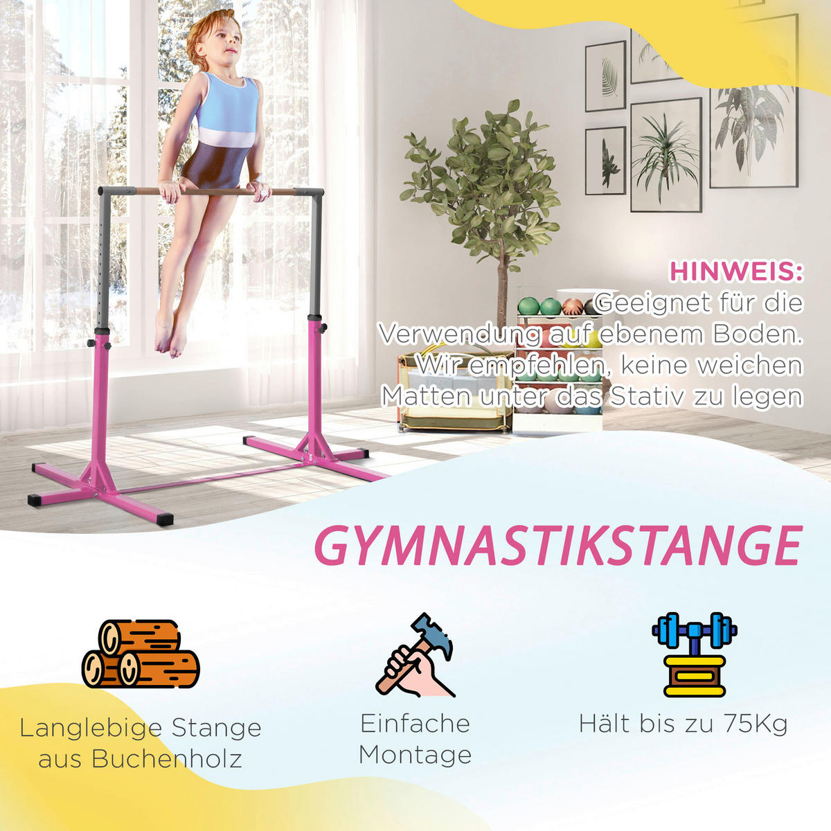 HOMCOM Kinder-Gymnastikstange B/H/L: ca. 121x150x194 cm Kinder-Gymnastikstange - rosa (194,00/121,00/150,00cm) - HOMCOM