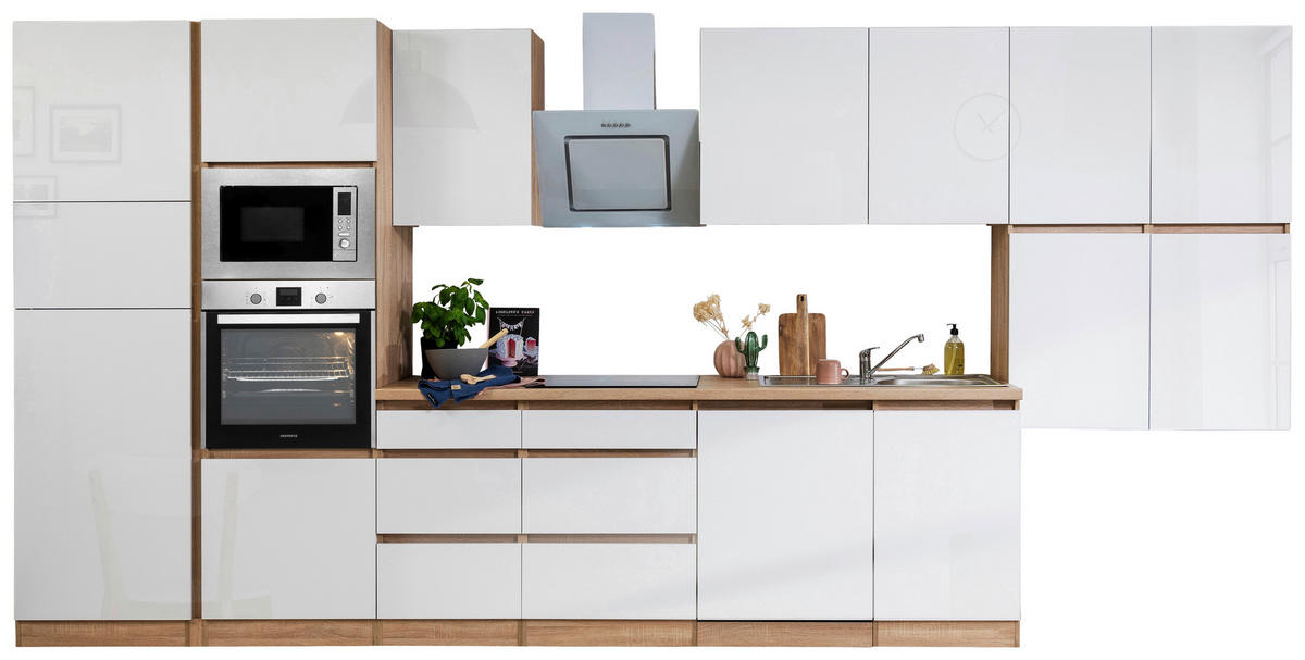 Respekta Küchenblock Premium weiß hochglänzend B/H/T: ca. 445x220,5x60 cm Premium - Eiche/weiß (445,00/220,50/60,00cm) - Respekta