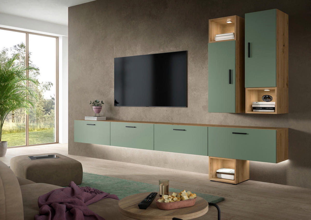 Wohnwand-Set TheOne Eiche Artisan Nachbildung grün B/H/T: ca. 75x32x34 cm TheOne - Eiche/grün (75,00/32,00/34,00cm)