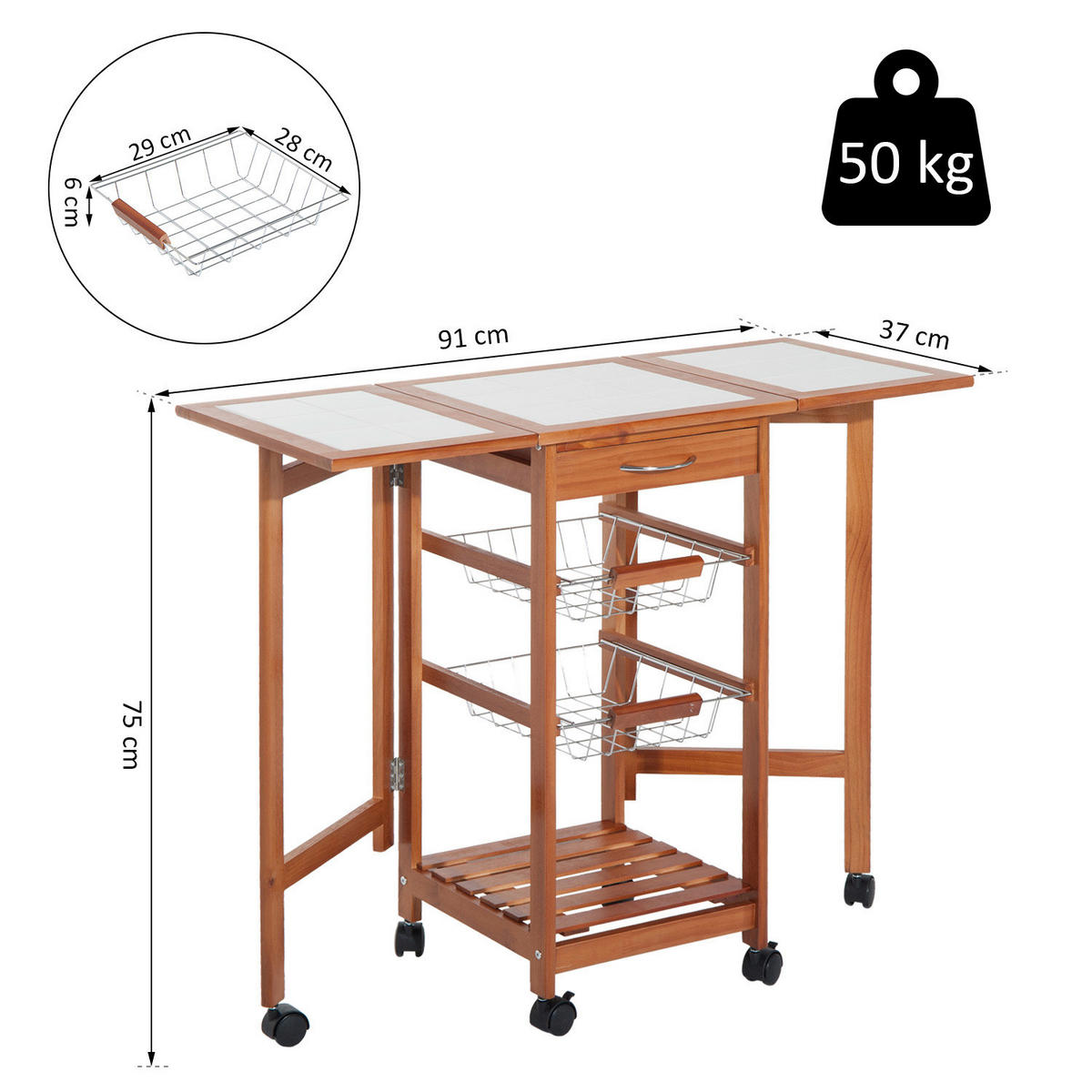 HOMCOM Servierwagen natur Holz B/H/T: ca. 92x75x37 cm Servierwagen - natur (92,00/75,00/37,00cm) - HOMCOM