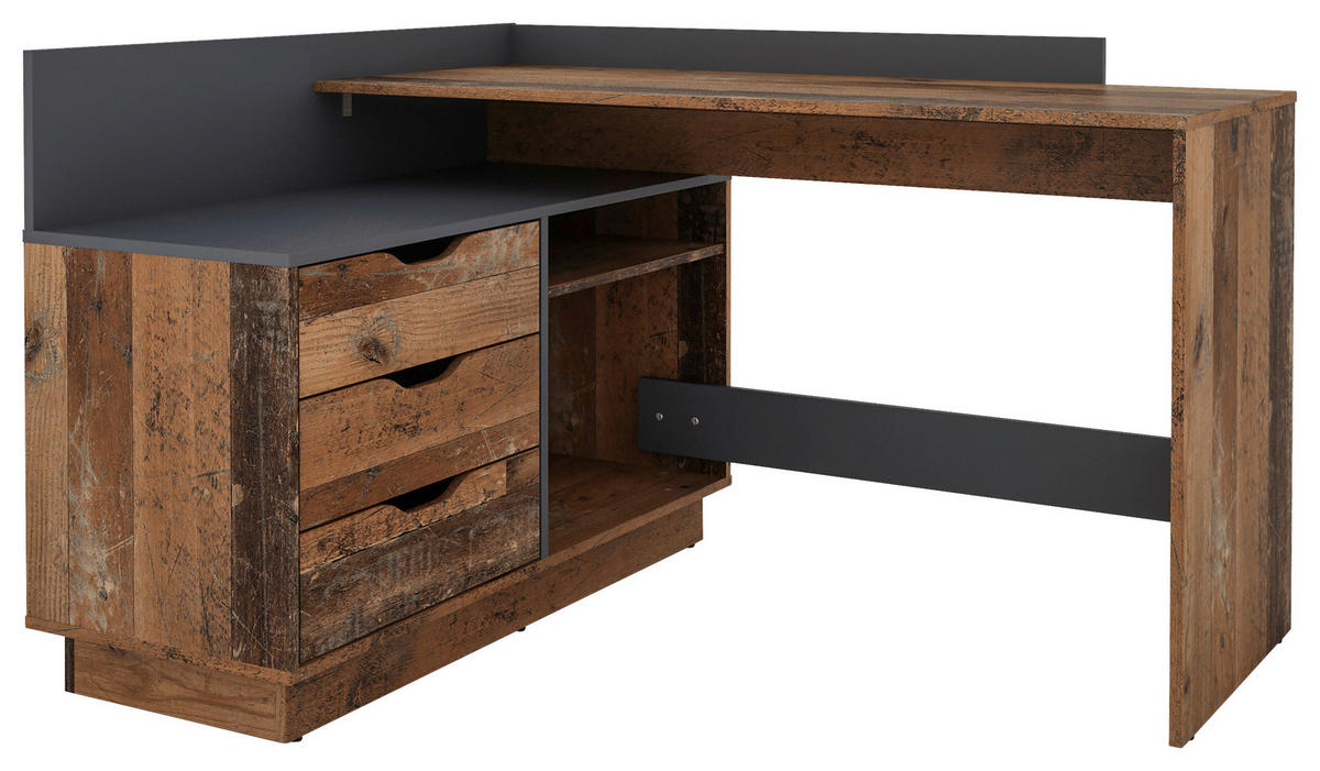 Winkelschreibtisch BELFAST anthrazit Eiche Old Wood Nachbildung B/H/T: ca. 129x83,5x105 cm BELFAST - Eiche/anthrazit (129,00/83,50/105,00cm) - byLIVING