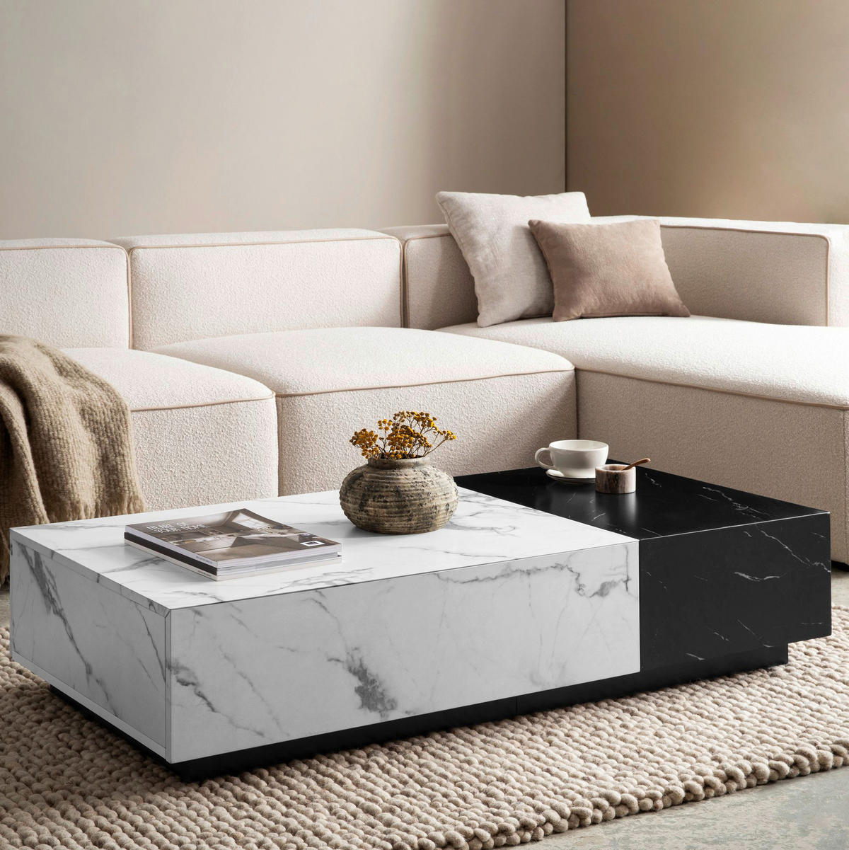 Couchtisch schwarz Marmor Optik weiß Marmor Optik B/H/T: ca. 120x28x60 cm Couchtisch - weiß/schwarz (120,00/28,00/60,00cm) - Wohnling