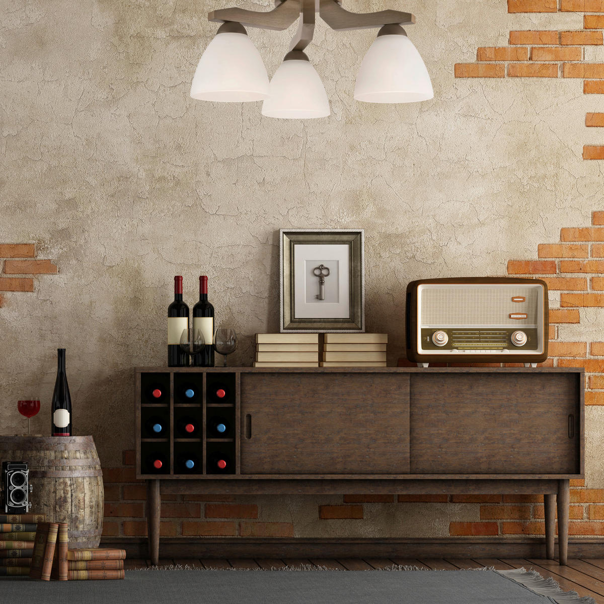 Lamkur Deckenleuchte ADRIANO 27470 natur Holz Glas Stahl H/L: ca. 23x40 cm E27 3 Brennstellen Adriano - natur (40,00cm) - Lamkur