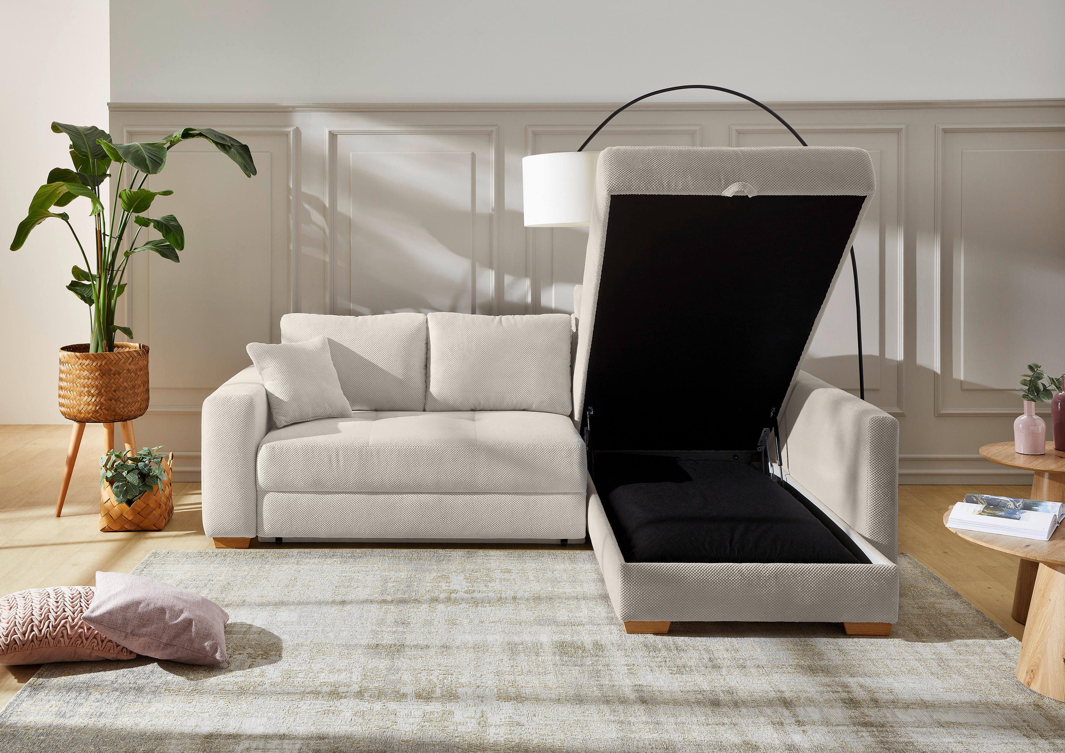 Thumbnail - Ecksofa mit Bettfunktion und Bettkasten hellbeige Kord B/H/T: ca. 257x85x206 cm