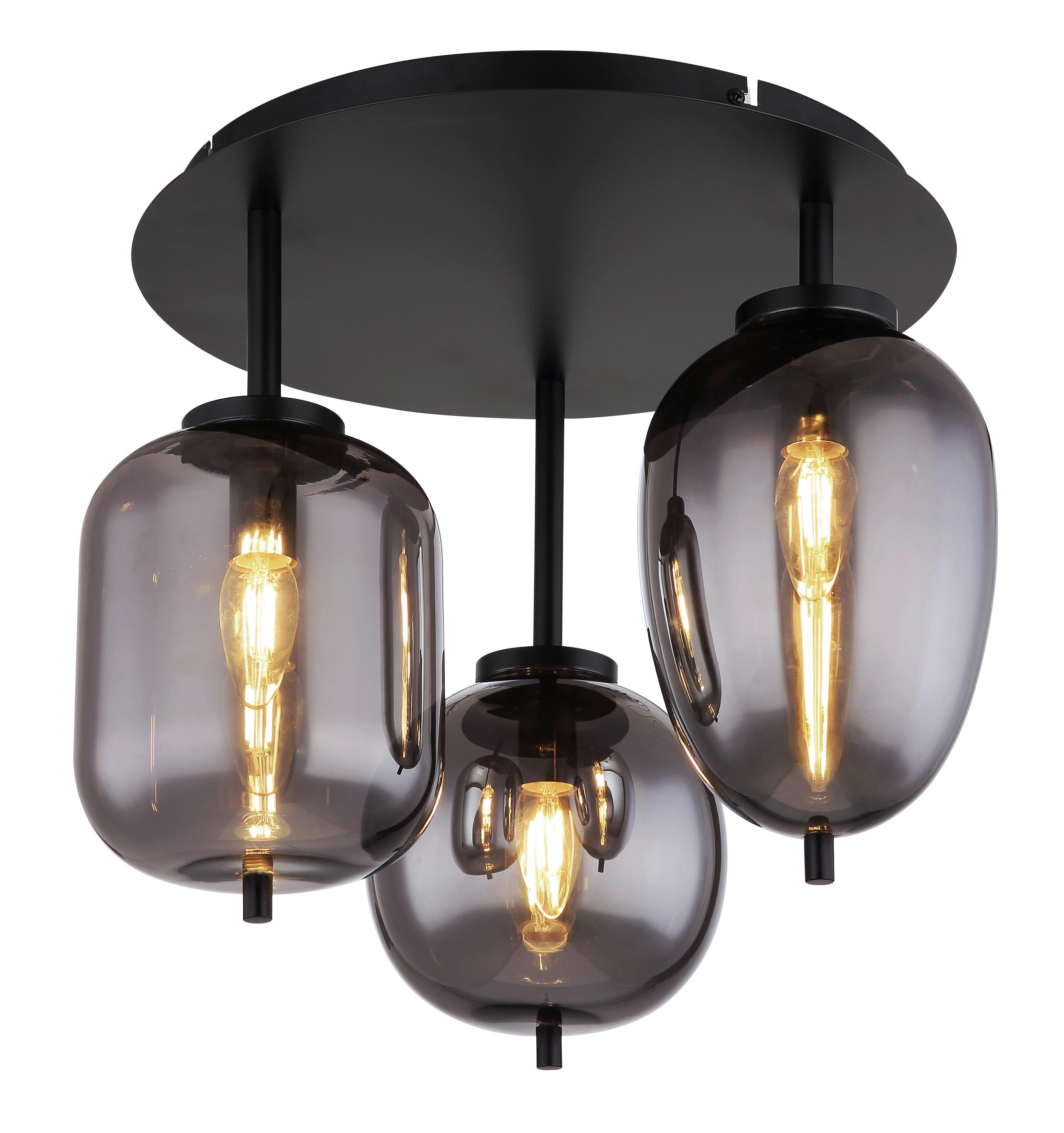 GLOBO Deckenleuchte BLACKY 15345-3D mattschwarz Metall Rauchglas H/D: ca. 36x46 cm E14 3 Brennstellen Blacky - mattschwarz (46,00/36,00cm) - GLOBO