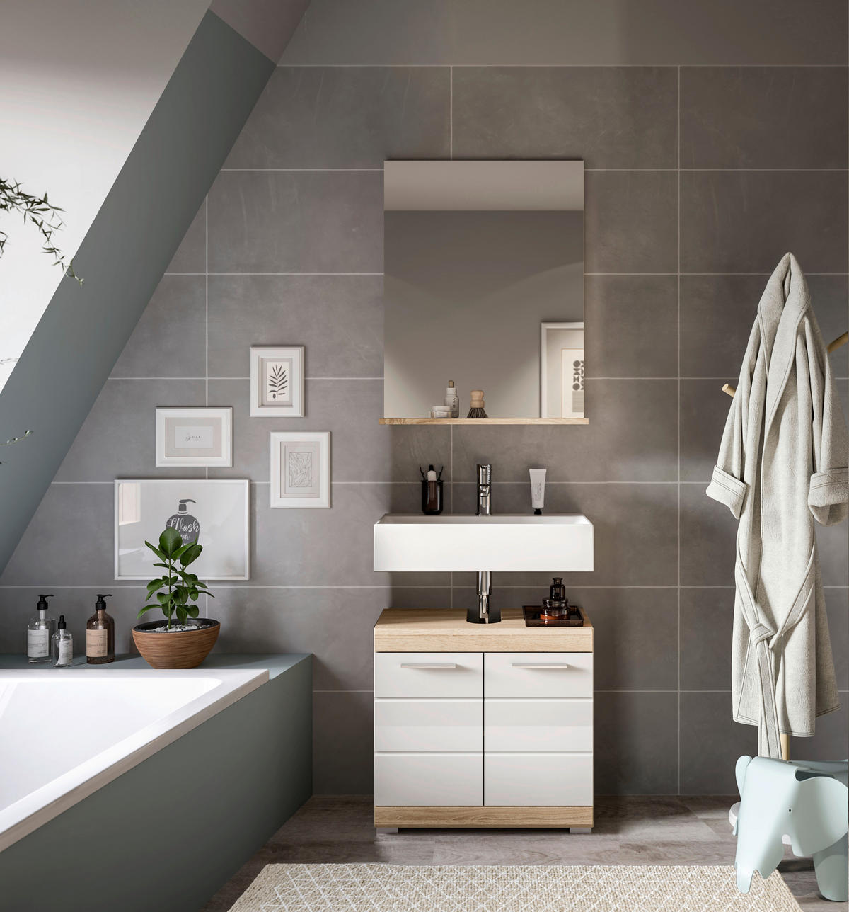 Badezimmer-Set Lambada Eiche Sonoma Nachbildung weiß Hochglanz B/H/T: ca. 60x191x34 cm Lambada - Eiche/weiß (60,00/191,00/34,00cm) - xonox.home