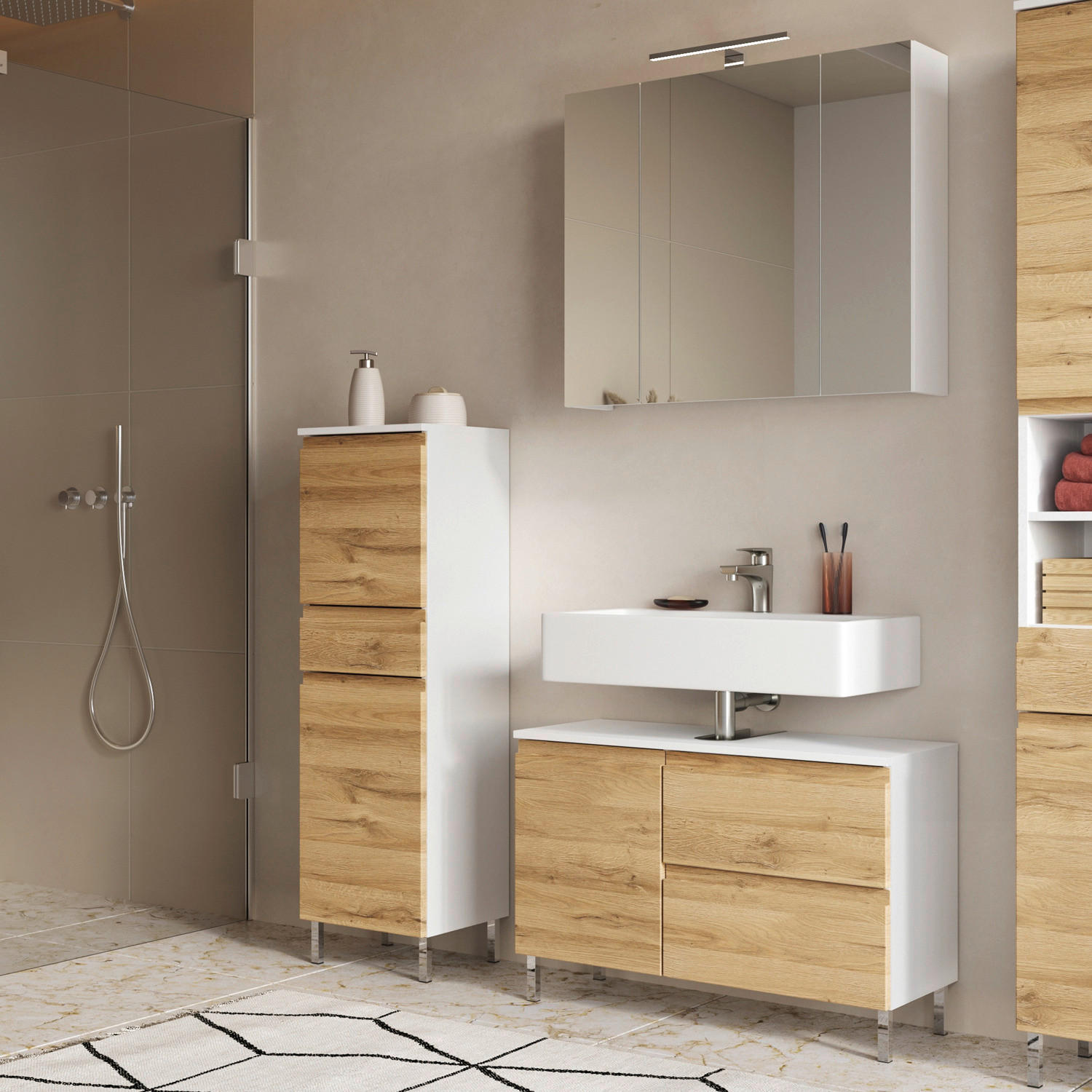 Badezimmer-Set 7966-559 weiß Eiche Grand-Son Nachbildung B/H/T: ca. 129x190x34 cm 7966-559 - Eiche/weiß (129,00/190,00/34,00cm) - Germania