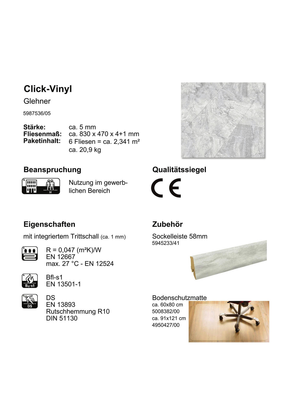 Check One Click-Vinylboden Glehner ca. 2,341 m² im Paket  B/L: ca. 47x83 cm pro Paket Glehner ca. 2,341 m² im Paket - (47,00/83,00cm) - Check One