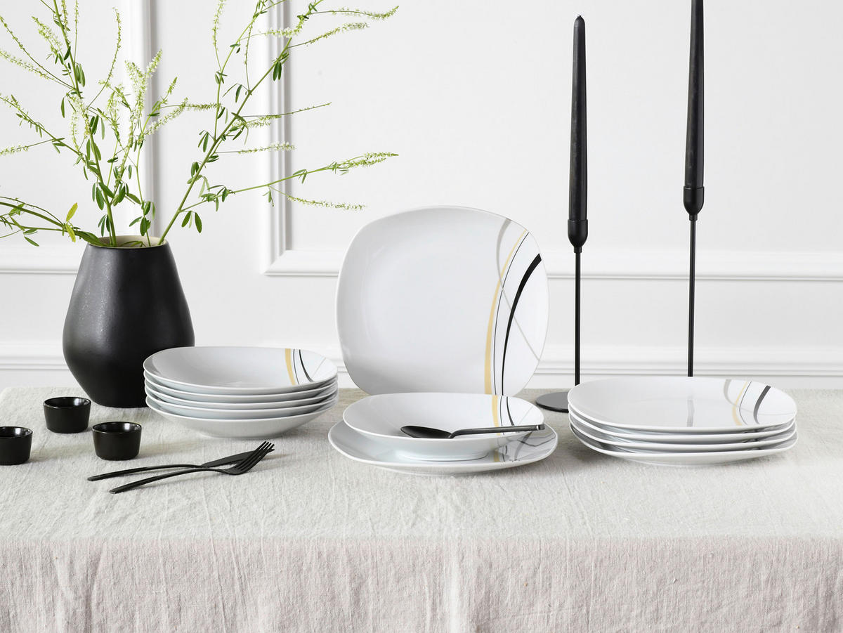 CreaTable Tafelservice Square City Line weiß Porzellan 12 tlg. Square City Line - sand/weiß - CreaTable