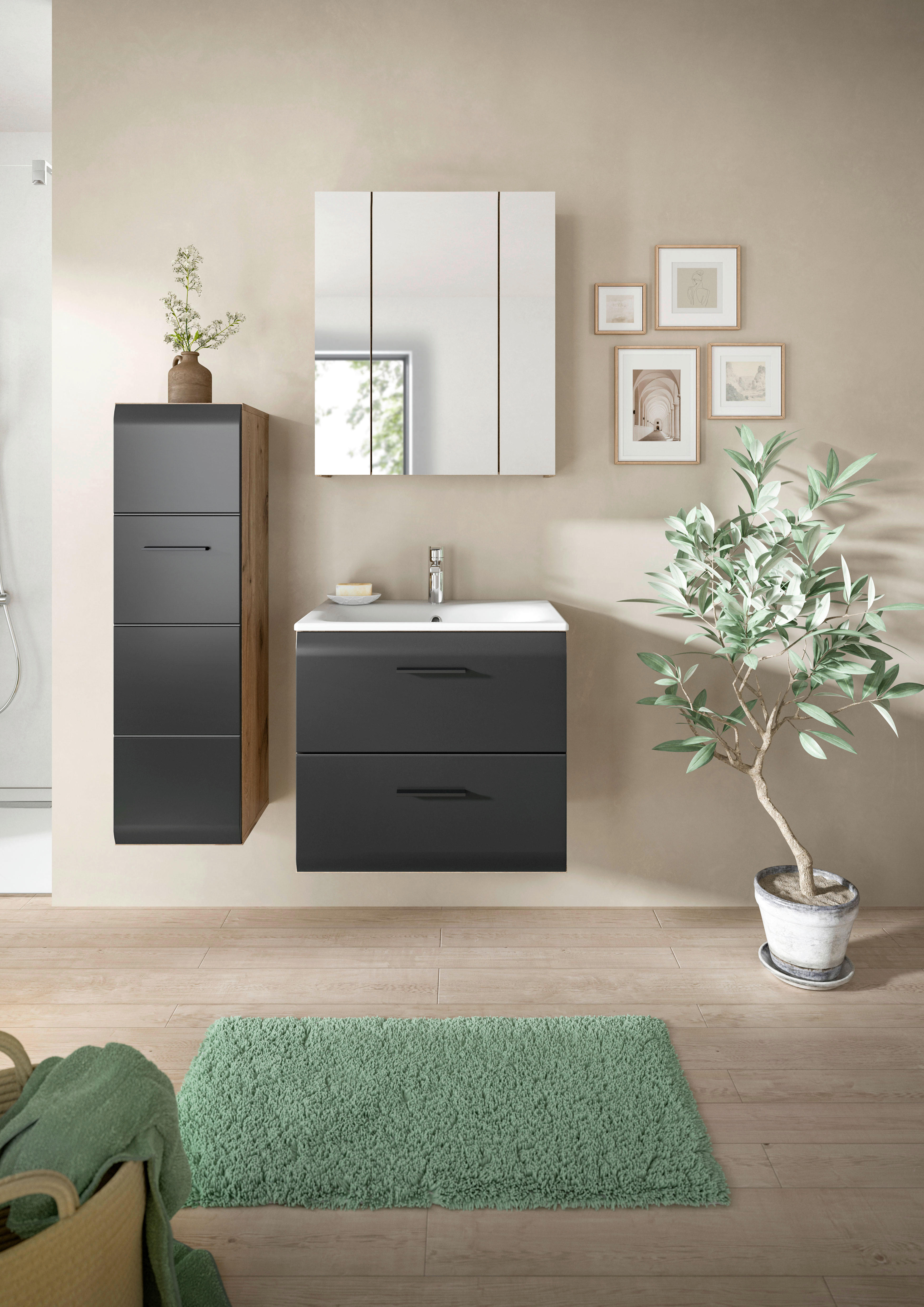 Badezimmer-Set Ice Nox Oak Nachbildung schwarz matt B/H/T: ca. 105x185x46 cm Ice - schwarz (105,00/185,00/46,00cm) - xonox.home