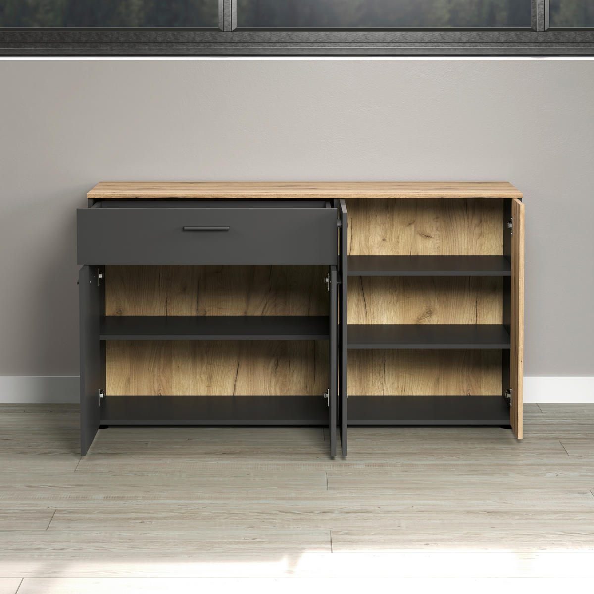 Sideboard Esteban anthrazit Eiche Nachbildung B/H/T: ca. 150x83x42 cm Esteban - Eiche/anthrazit (150,00/83,00/42,00cm)