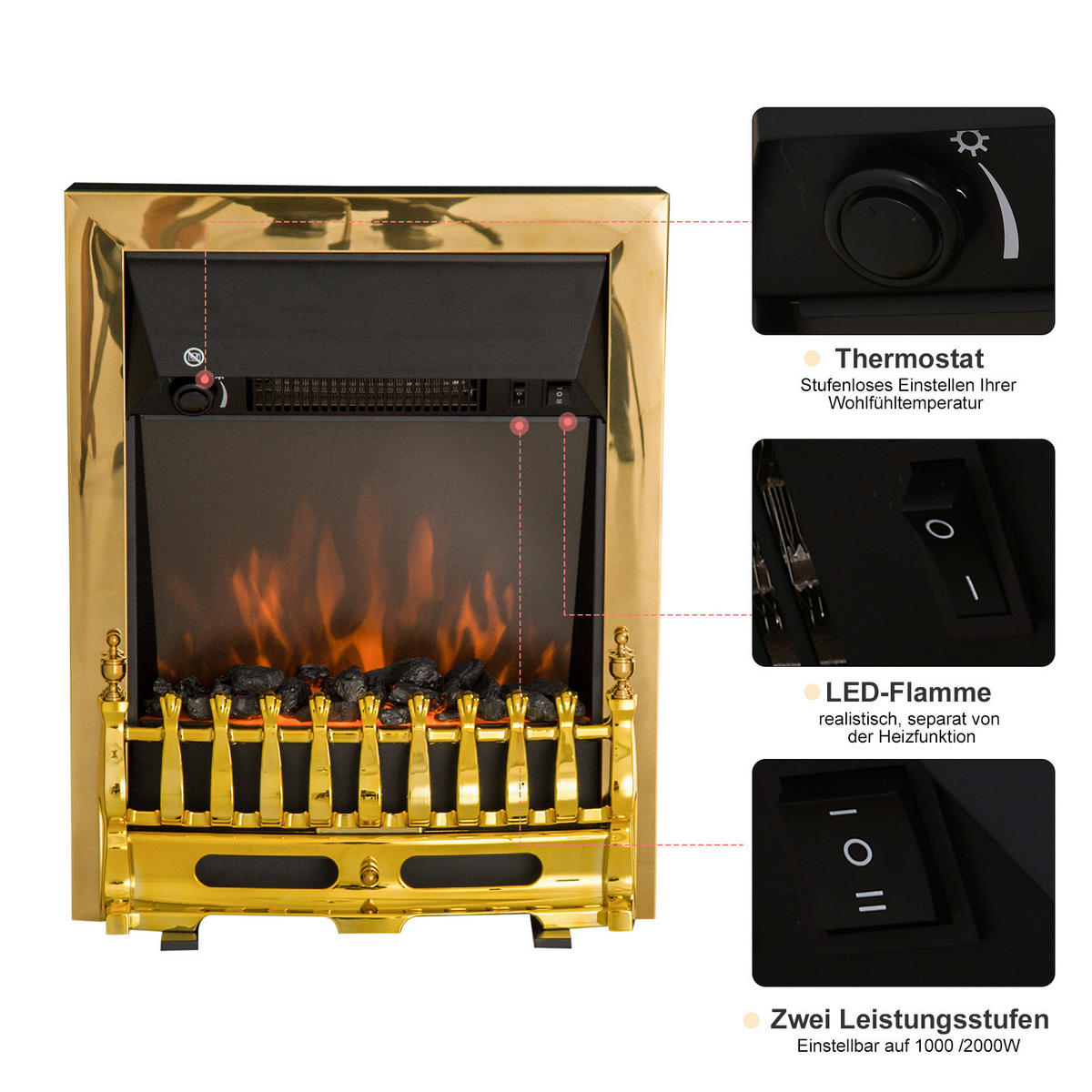 HOMCOM Elektrischer-Kamin 820-043 gold schwarz Metall Kunststoff B/H/T: ca. 48x59x18,5 cm ca. 2000 W Elektrokamin 820-043 - gold/schwarz (48,00/59,00/18,50cm) - HOMCOM