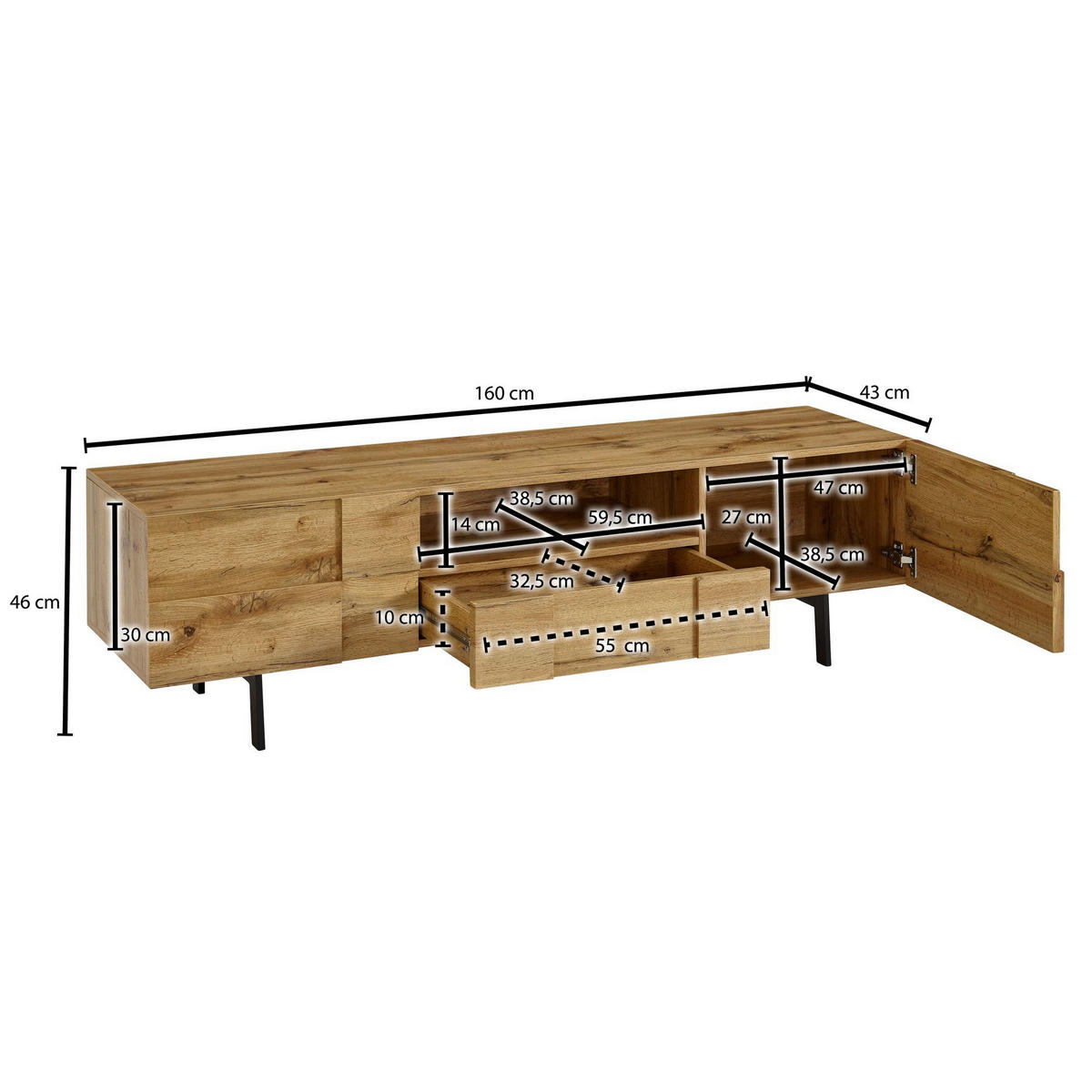 Lowboard Eiche Nachbildung B/H/T: ca. 160x46x43 cm Lowboard - Eiche (160,00/46,00/43,00cm) - Wohnling