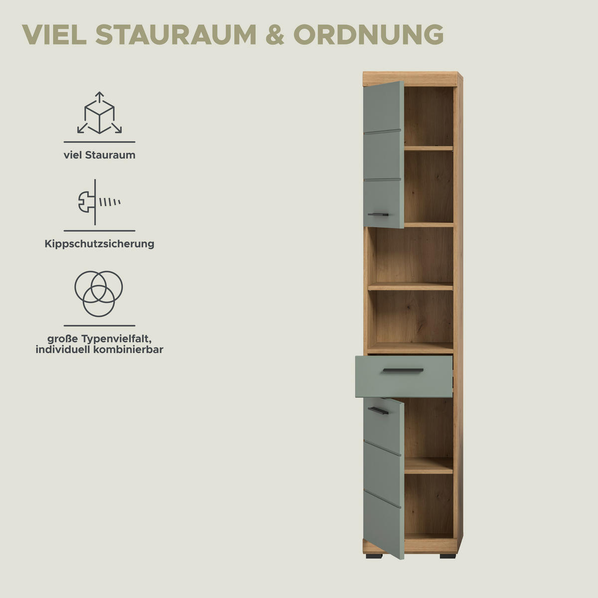 Badhochschrank Scout Eiche Artisan Nachbildung salbei Nachbildung B/H/T: ca. 37x191x31 cm Scout - Eiche/salbei (37,00/191,00/31,00cm) - xonox.home