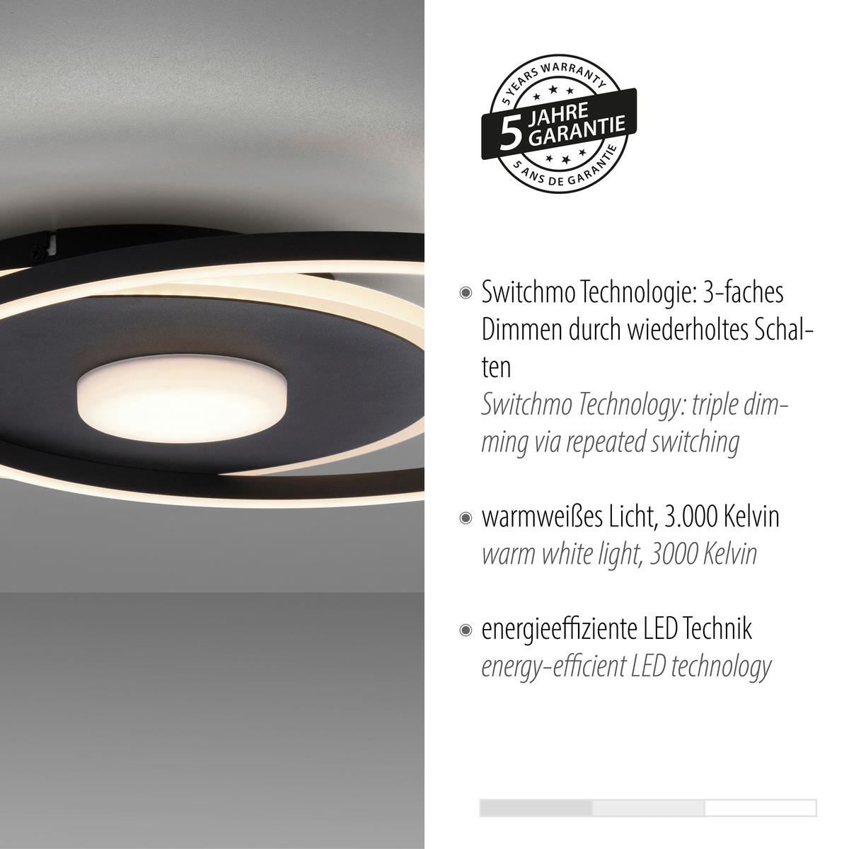 Just Light LED-Deckenleuchte DOMINO 15046-18 schwarz weiß Metall Kunststoff B/H/T: ca. 39,5x6,8x45 cm 1 Brennstellen DOMINO - weiß/schwarz (39,50/6,80/45,00cm) - Just Light