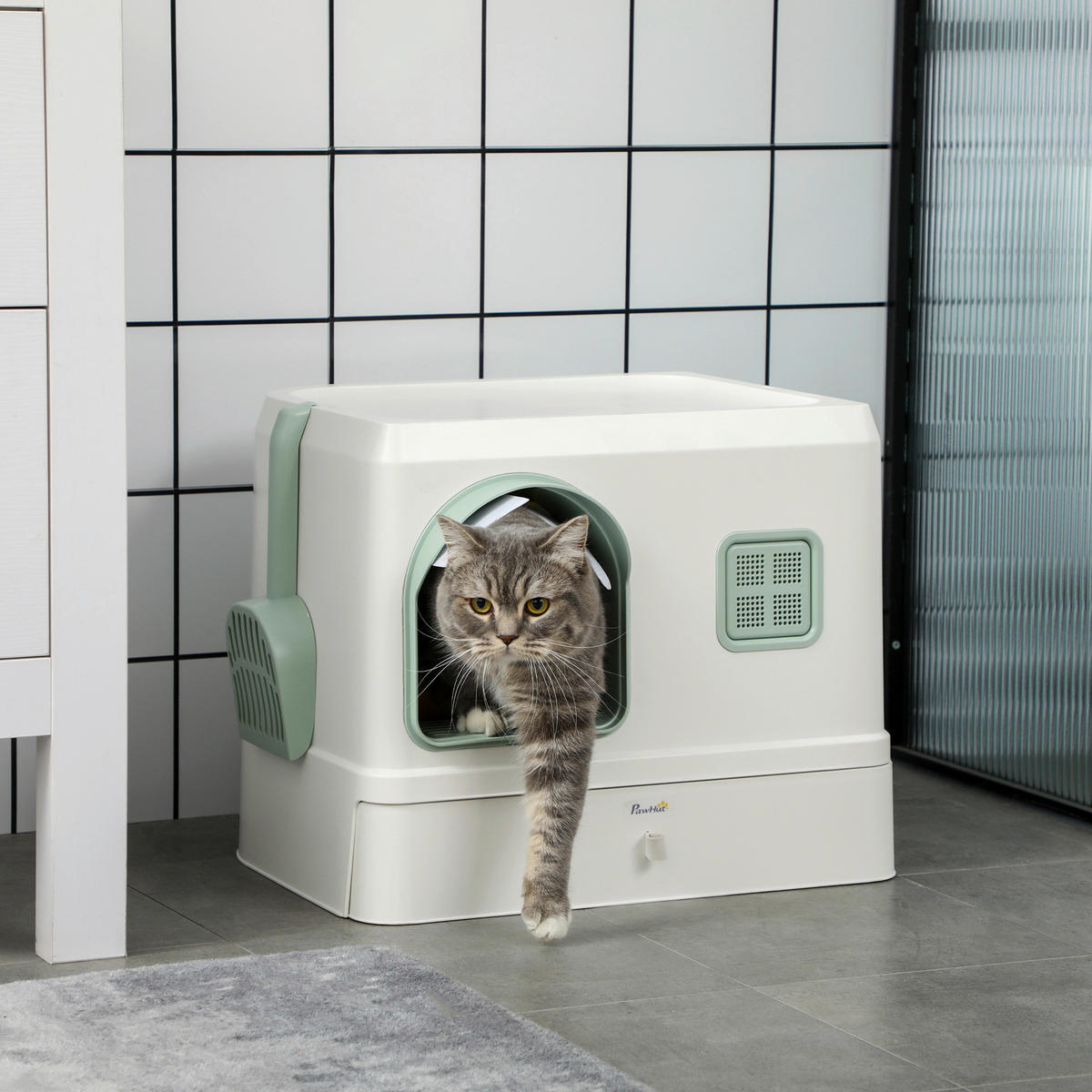 PawHut Katzen-Zubehör weiß Kunststoff B/H/L: ca. 40x50x40 cm Katzenklo - weiß/grün (40,00/40,00/50,00cm) - PawHut