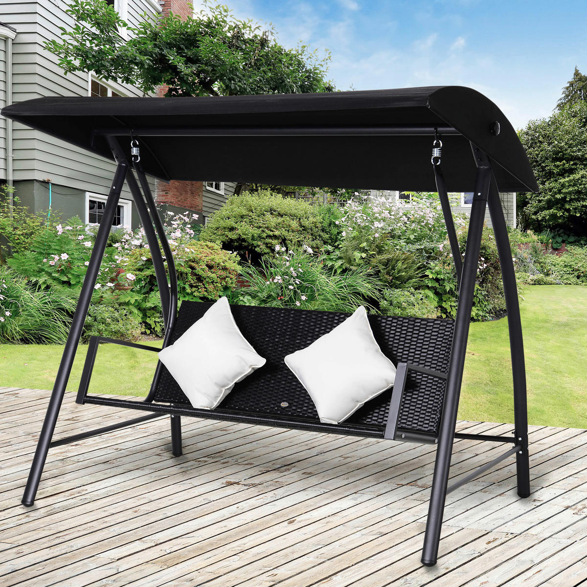 Outsunny Hollywoodschaukel schwarz Polyrattan B/H/L: ca. 124x179x198 cm Hollywoodschaukel_mit_Kissen - schwarz (198,00/124,00/179,00cm) - Outsunny