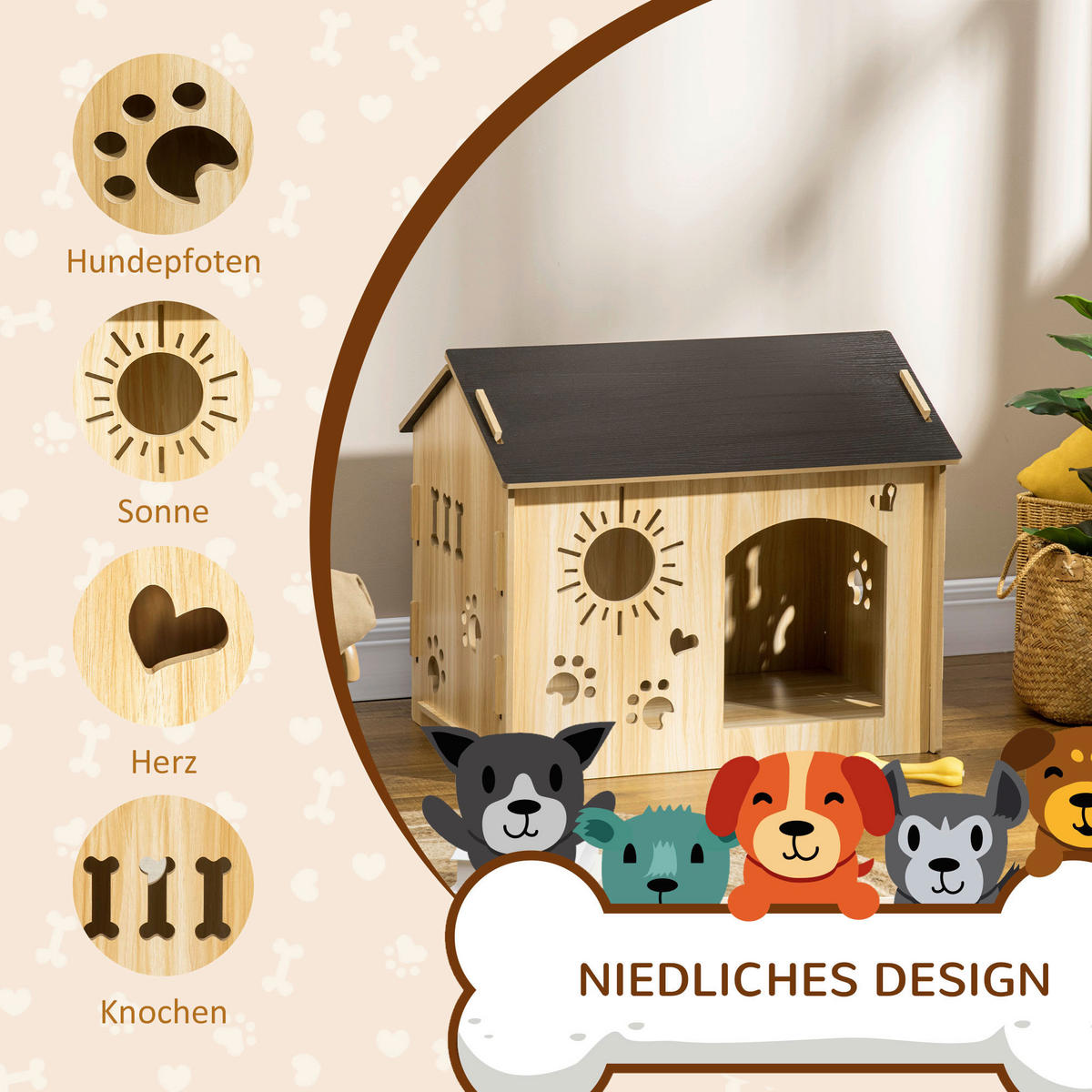 PawHut Hundehütte Eiche MDF B/H/L: ca. 50x58,5x69 cm Hundehütte - Eiche/schwarz (69,00/50,00/58,50cm) - PawHut