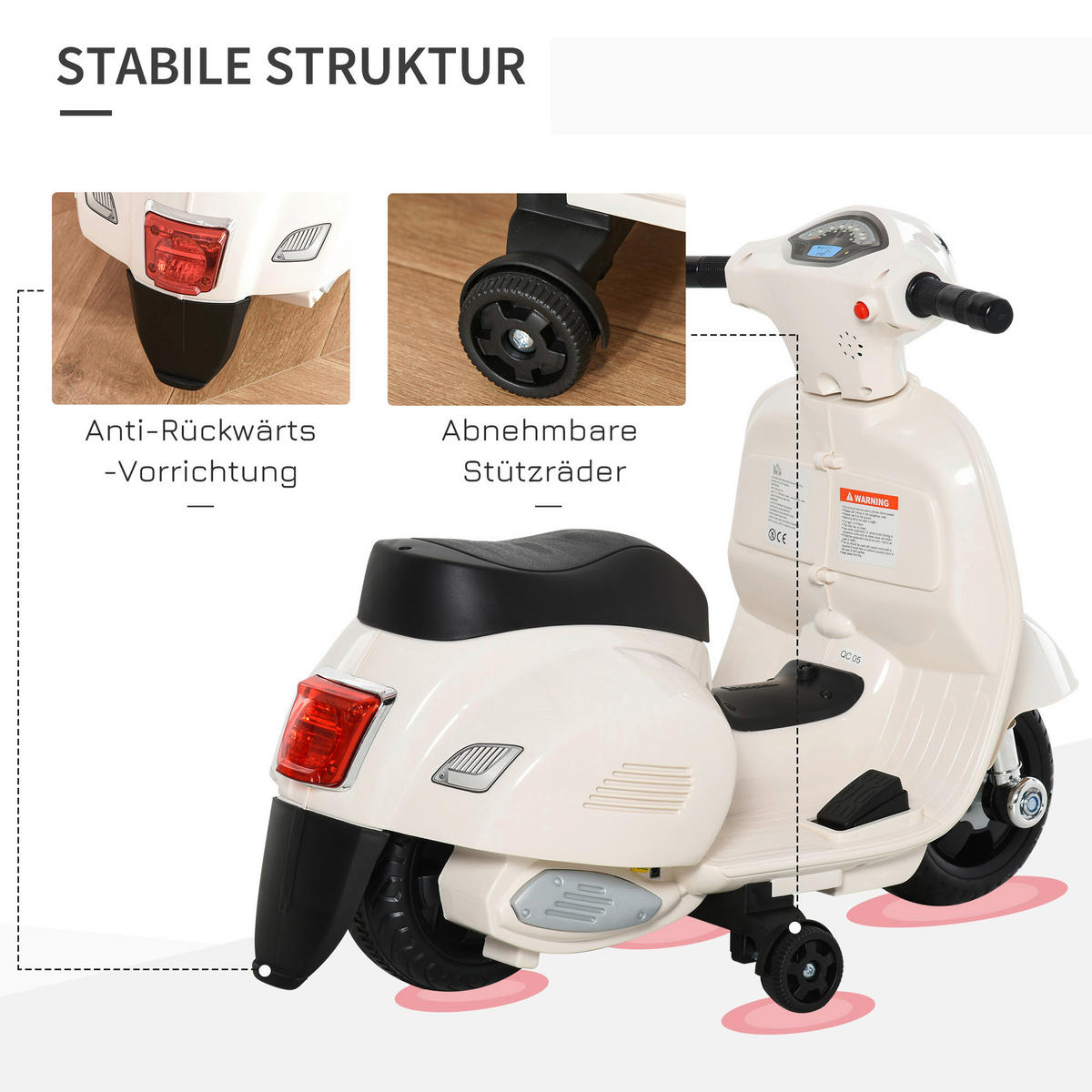 HOMCOM Elektrisches-Kindermofa weiß B/H/L: ca. 38x52x66,5 cm Elektrisches-Kindermofa - weiß (66,50/38,00/52,00cm) - HOMCOM