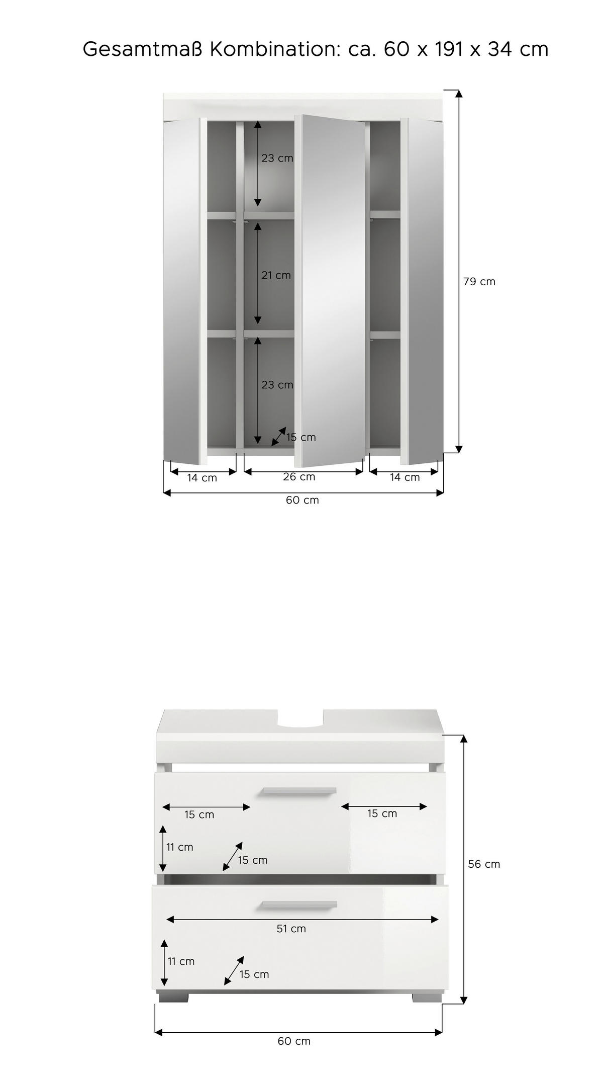 Badezimmer-Set Scout weiß weiß Hochglanz B/H/T: ca. 60x191x37 cm Scout - weiß (60,00/191,00/37,00cm) - xonox.home