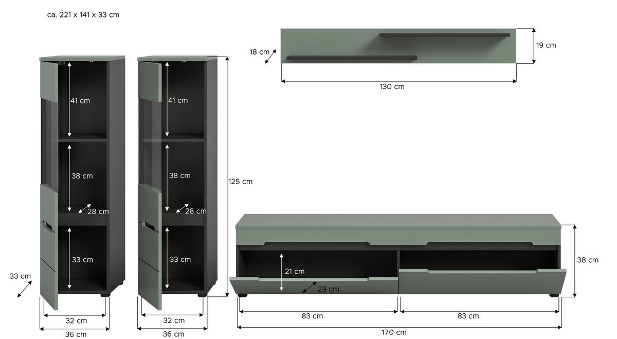 Wohnwand Canu grün basaltgrau Nachbildung B/H/T: ca. 272x141x33 cm Canu - basaltgrau/grün (272,00/141,00/33,00cm) - xonox.home