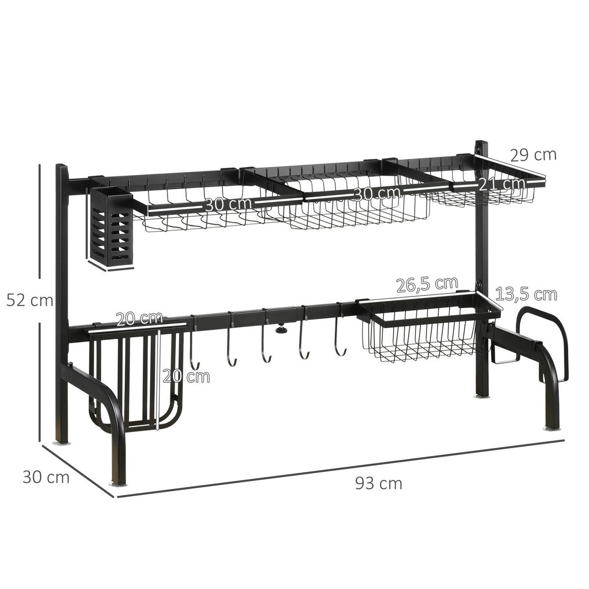 HOMCOM Küchenhelfer schwarz Edelstahl B/H/L: ca. 30x93x52 cm Abtropfgestell - schwarz (52,00/30,00/93,00cm) - HOMCOM
