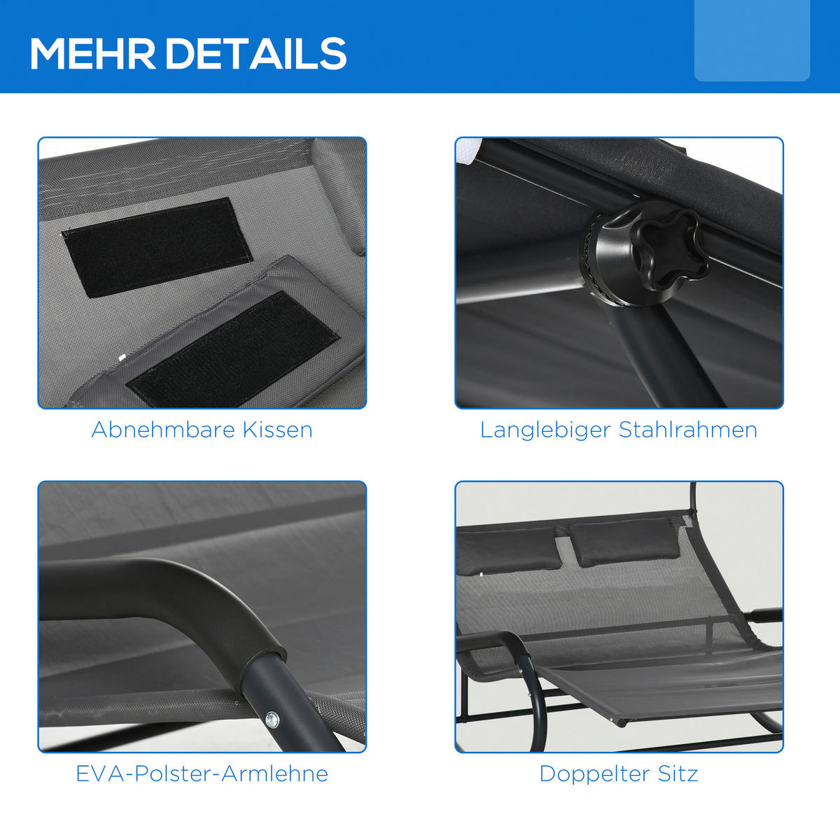 Outsunny Doppel-Sonnenliege dunkelgrau Schaumstoff B/H/L: ca. 139x140x200 cm Doppel-Sonnenliege - dunkelgrau (200,00/139,00/140,00cm) - Outsunny