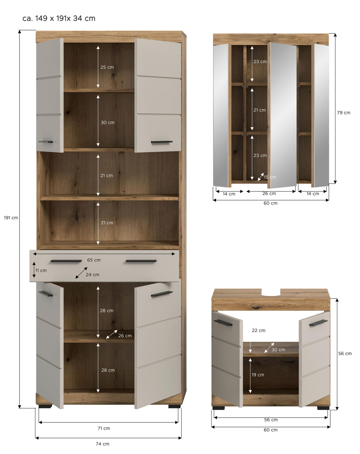 Badezimmer-Set Scout Evoke Oak Nachbildung Kaschmirgrau Nachbildung B/H/T: ca. 149x191x34 cm Scout - Kaschmirgrau (149,00/191,00/34,00cm) - xonox.home
