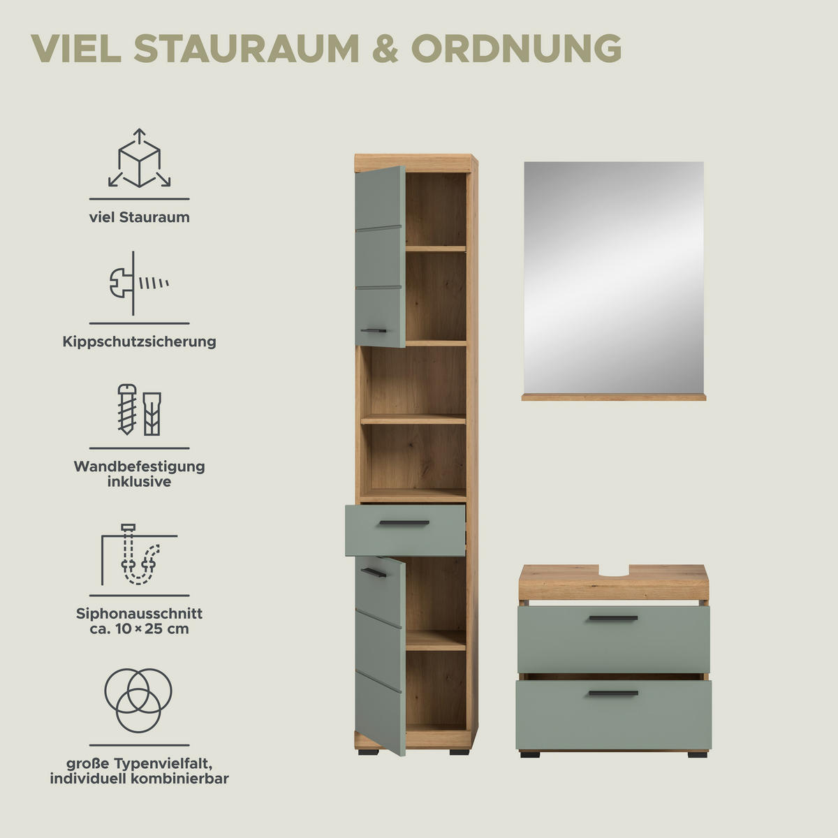 Badezimmer-Set Scout Eiche Artisan Nachbildung salbei Nachbildung B/H/T: ca. 112x191x37 cm Scout - Eiche/salbei (112,00/191,00/37,00cm) - xonox.home