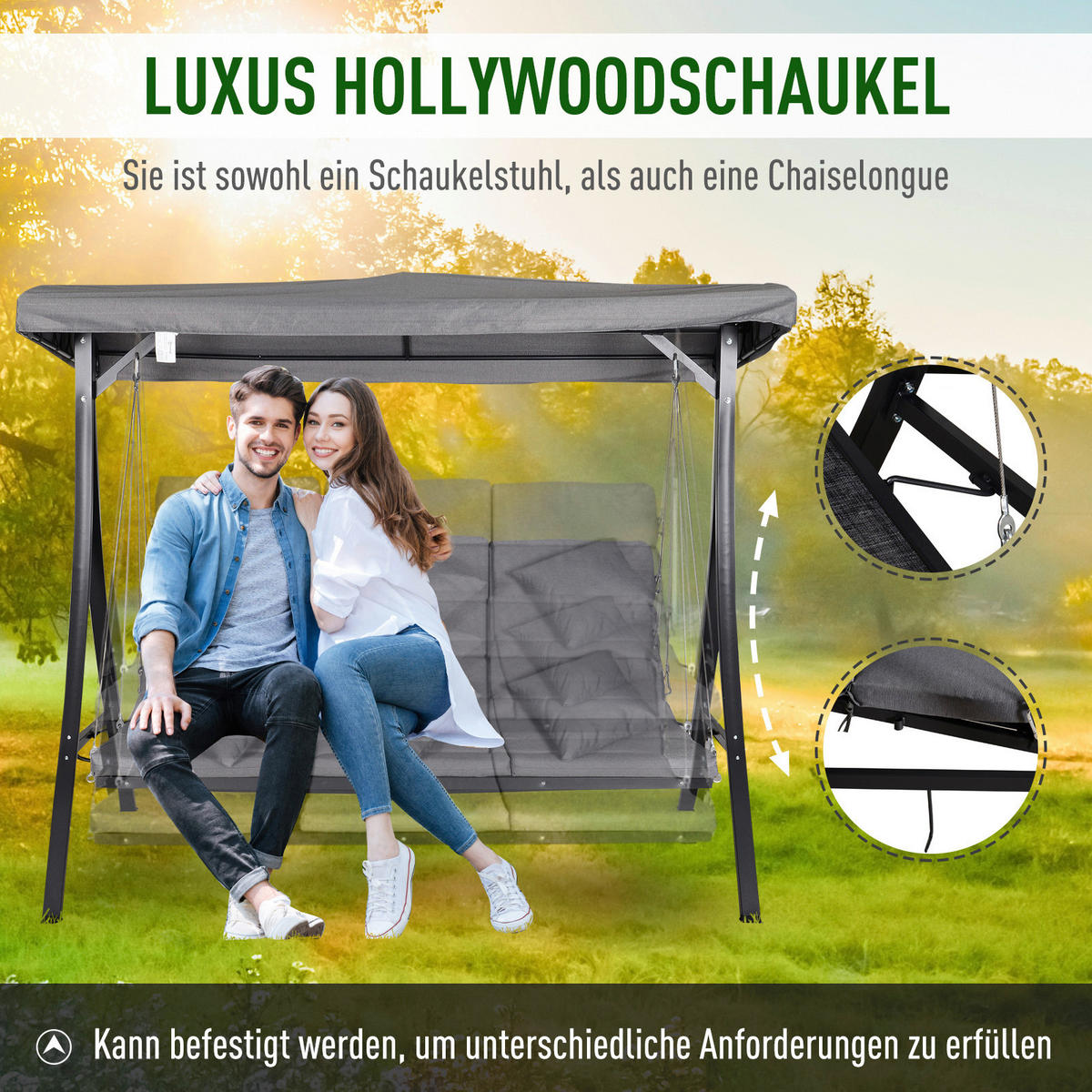 Outsunny Hollywoodschaukel grau Metall B/H/T: ca. 200x168x115 cm Hollywoodschaukel_3-Sitzer - schwarz/grau (200,00/168,00/115,00cm) - Outsunny