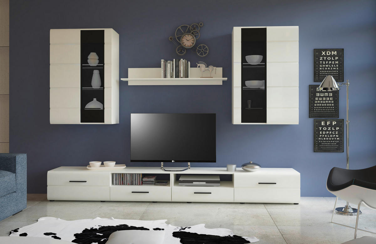 Wohnwand Kiel weiß weiß Hochglanz B/H/T: ca. 270x190x42 cm Kiel - weiß (270,00/190,00/42,00cm)