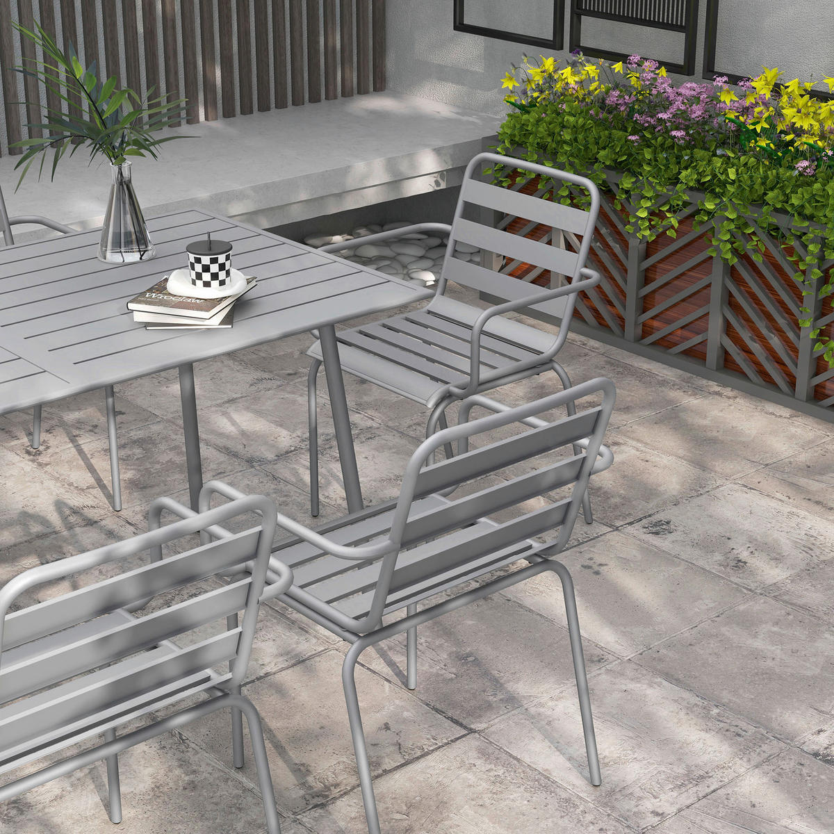 Outsunny Gartensitzgruppe 7tlg. hellgrau Stahl B/H/L: ca. 80x74x80 cm Gartensitzgruppe 7tlg. - hellgrau (80,00/80,00/74,00cm) - Outsunny