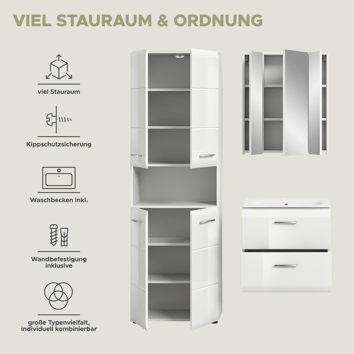 Badezimmer-Set Ice weiß weiß Hochglanz B/H/T: ca. 135x185x46 cm Ice - weiß (135,00/185,00/46,00cm) - xonox.home