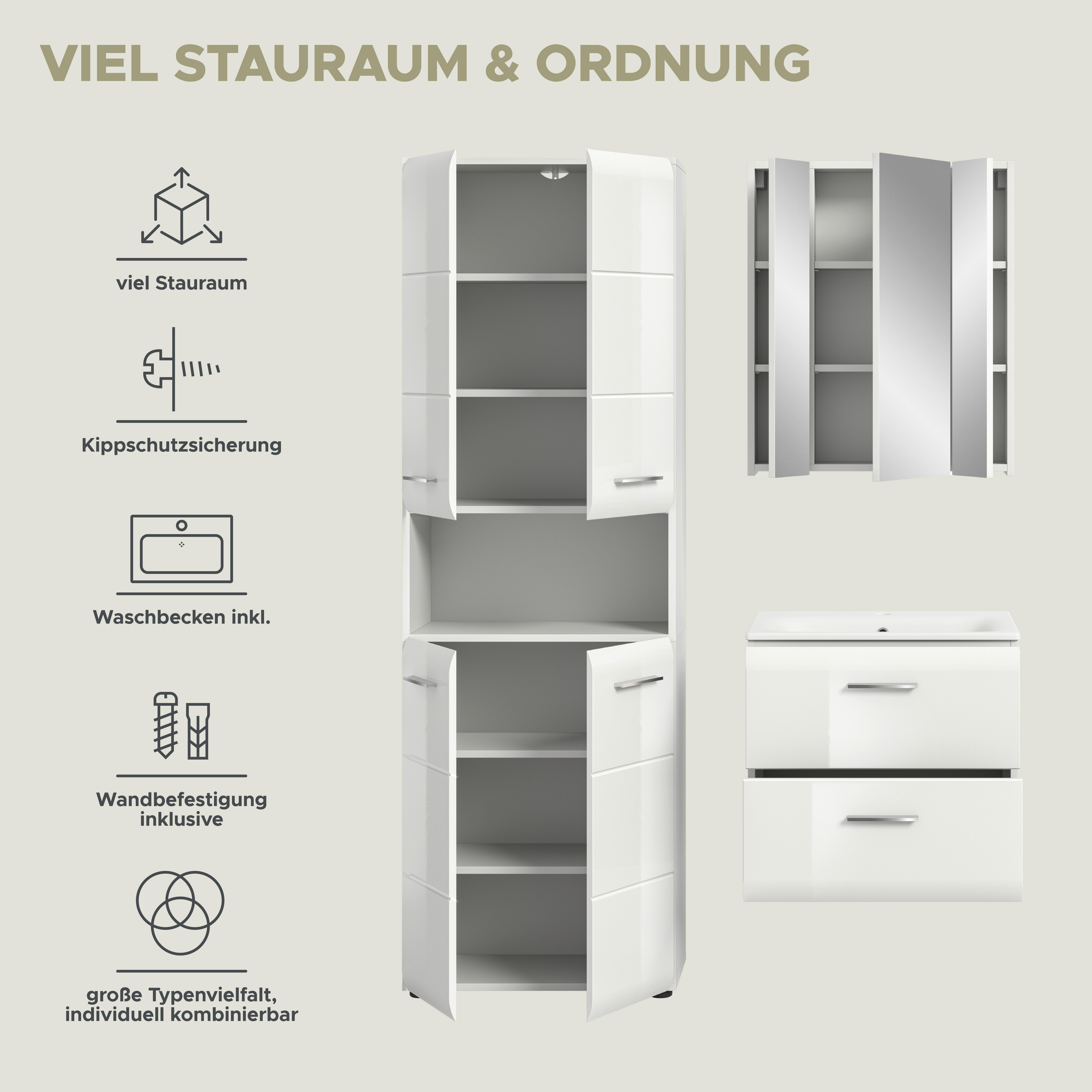 Thumbnail - Badezimmer-Set Ice weiß weiß Hochglanz B/H/T: ca. 135x185x46 cm