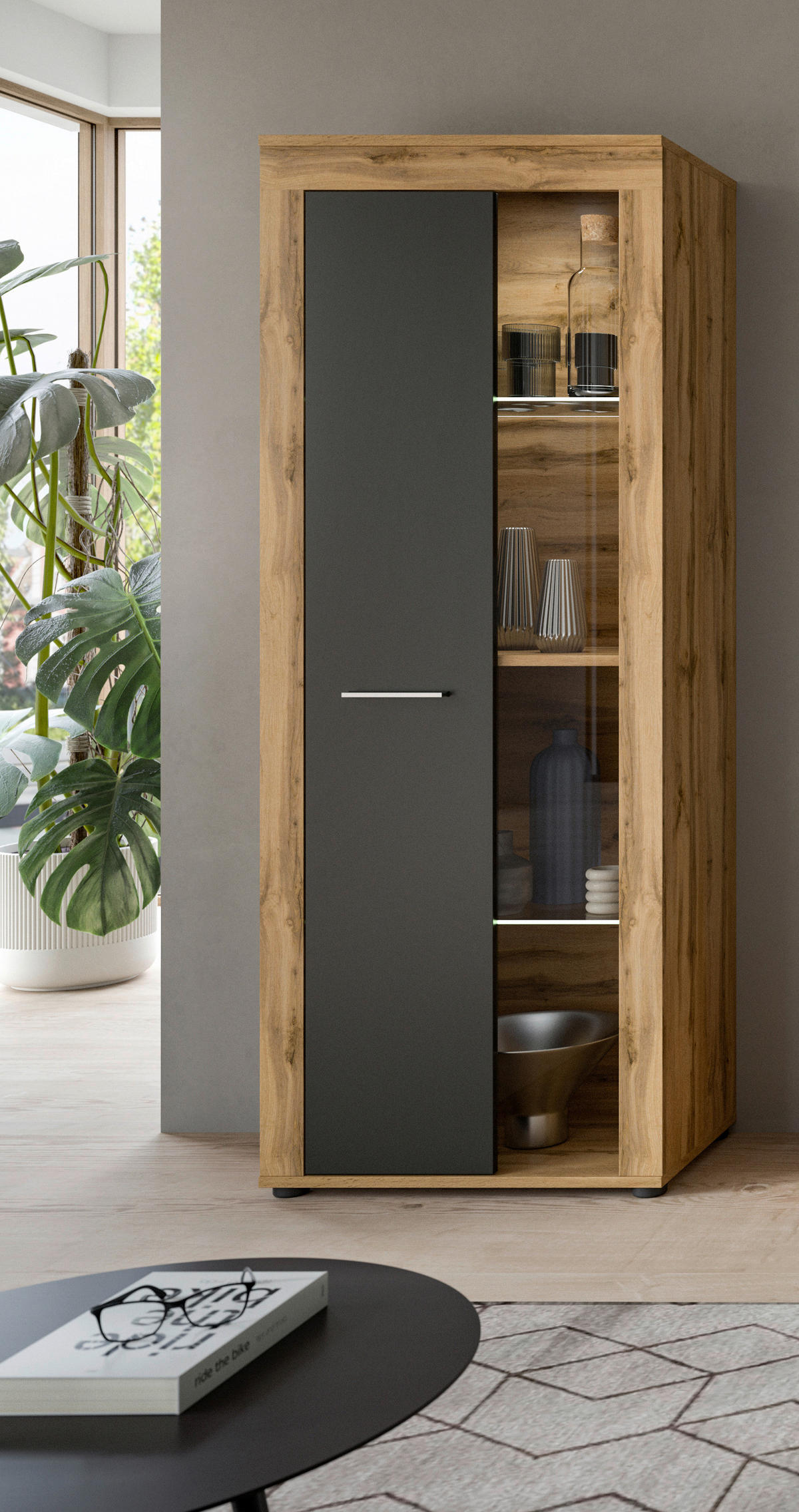 Vitrine Jam Eiche Wotan Nachbildung grau B/H/T: ca. 60x159x35 cm Jam - Eiche/grau (60,00/159,00/35,00cm) - xonox.home