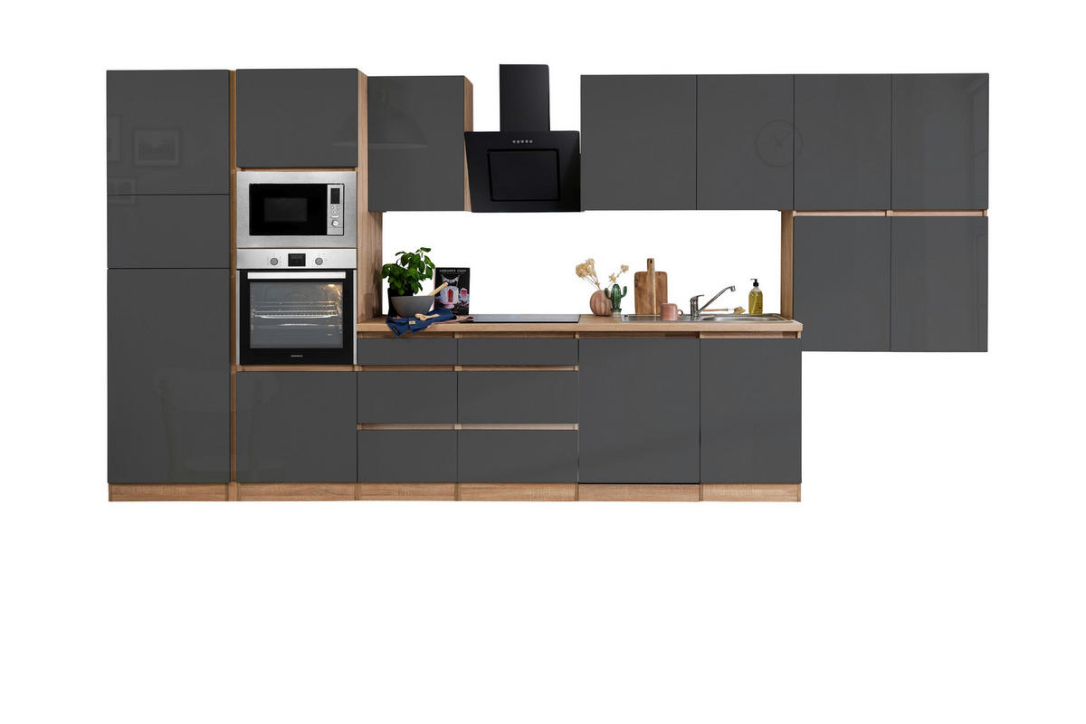 Respekta Küchenblock Premium grau hochglänzend B/H/T: ca. 445x220,5x60 cm Premium - Eiche/grau (445,00/220,50/60,00cm) - Respekta