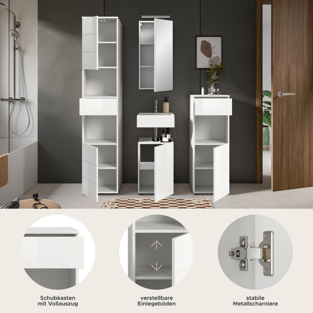 Badezimmer-Set VIRA weiß weiß Hochglanz B/H/T: ca. 144x190x34 cm VIRA - weiß (144,00/190,00/34,00cm) - xonox.home