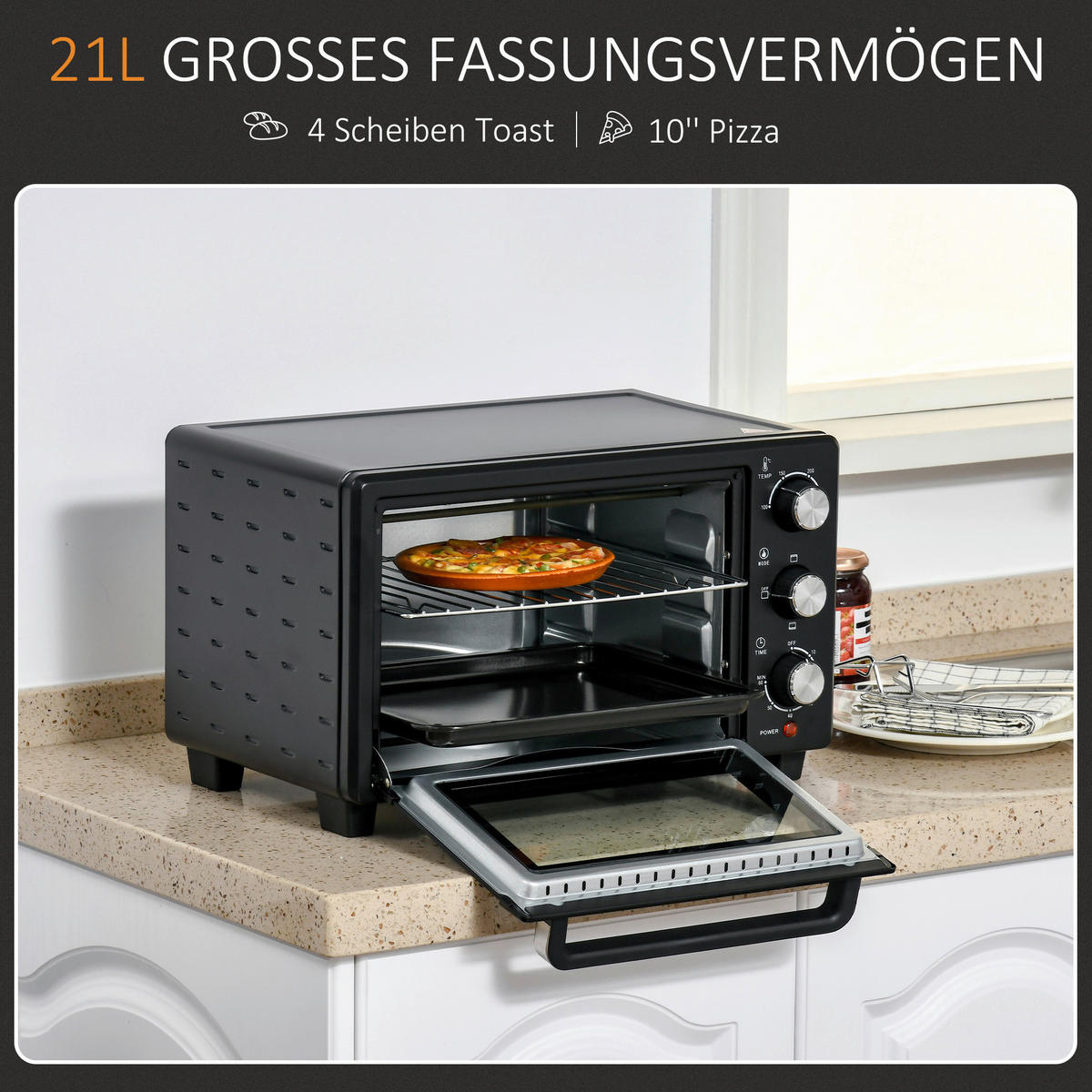 HOMCOM Küchengerät 800-085V90 schwarz Polypropylen B/H/L: ca. 38,5x46x29 cm Minibackofen - schwarz/silber (29,00/38,50/46,00cm) - HOMCOM