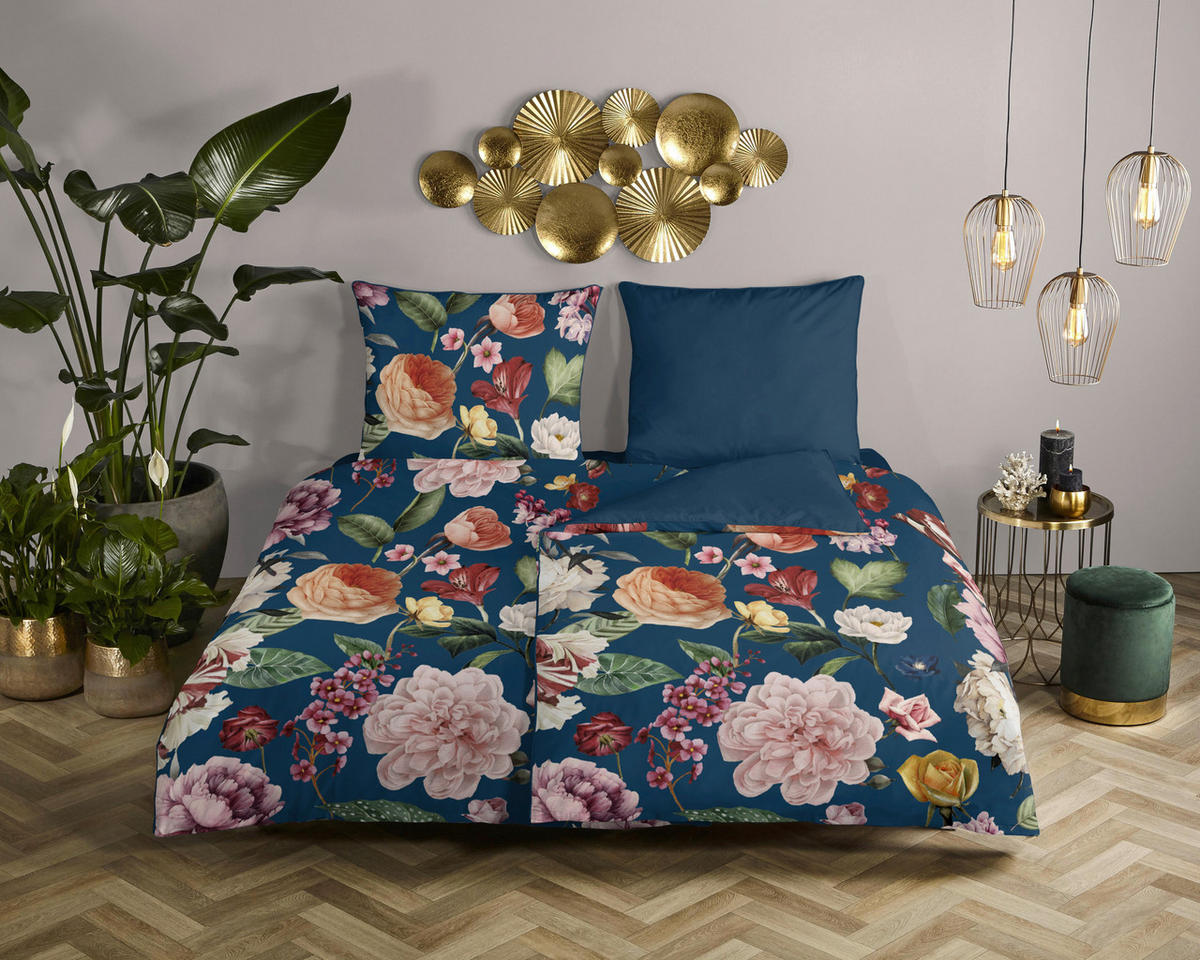 Baumwoll Bettwäsche Fiori Satin Fiori - blau (135,00/200,00cm) - Descanso