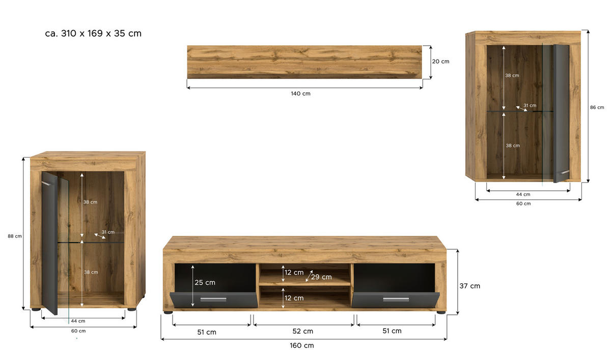 Wohnwand Jam Eiche Wotan Nachbildung grau B/H/T: ca. 310x169x35 cm Jam - Eiche/grau (310,00/169,00/35,00cm) - xonox.home