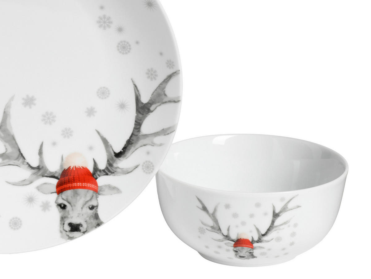 CreaTable Kombiservice Hirsch weiß Porzellan 16 tlg. Hirsch - weiß - CreaTable