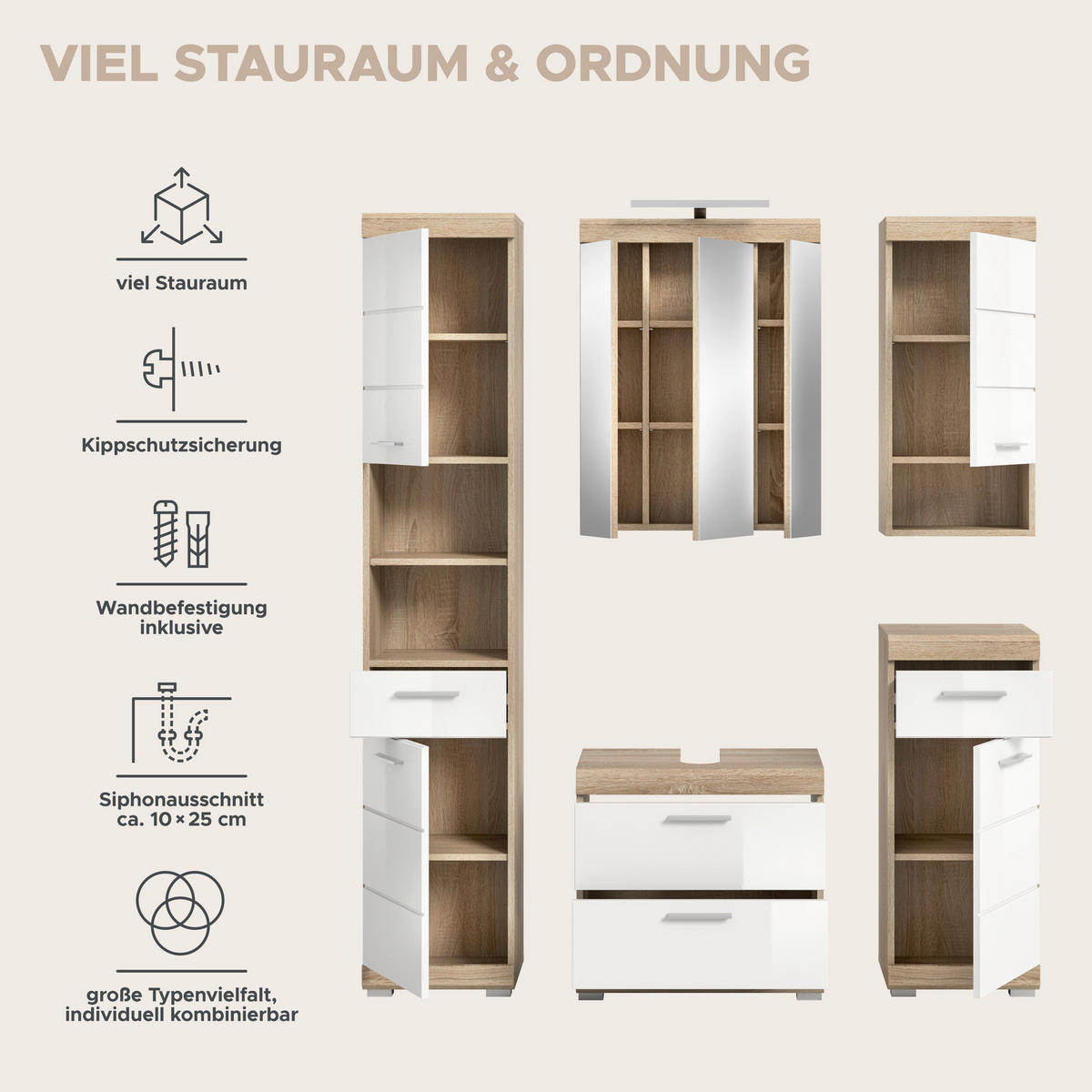 Badezimmer-Set Lambada Eiche Sonoma Nachbildung weiß Hochglanz B/H/T: ca. 164x191x37 cm Lambada - Eiche/weiß (164,00/191,00/37,00cm) - xonox.home