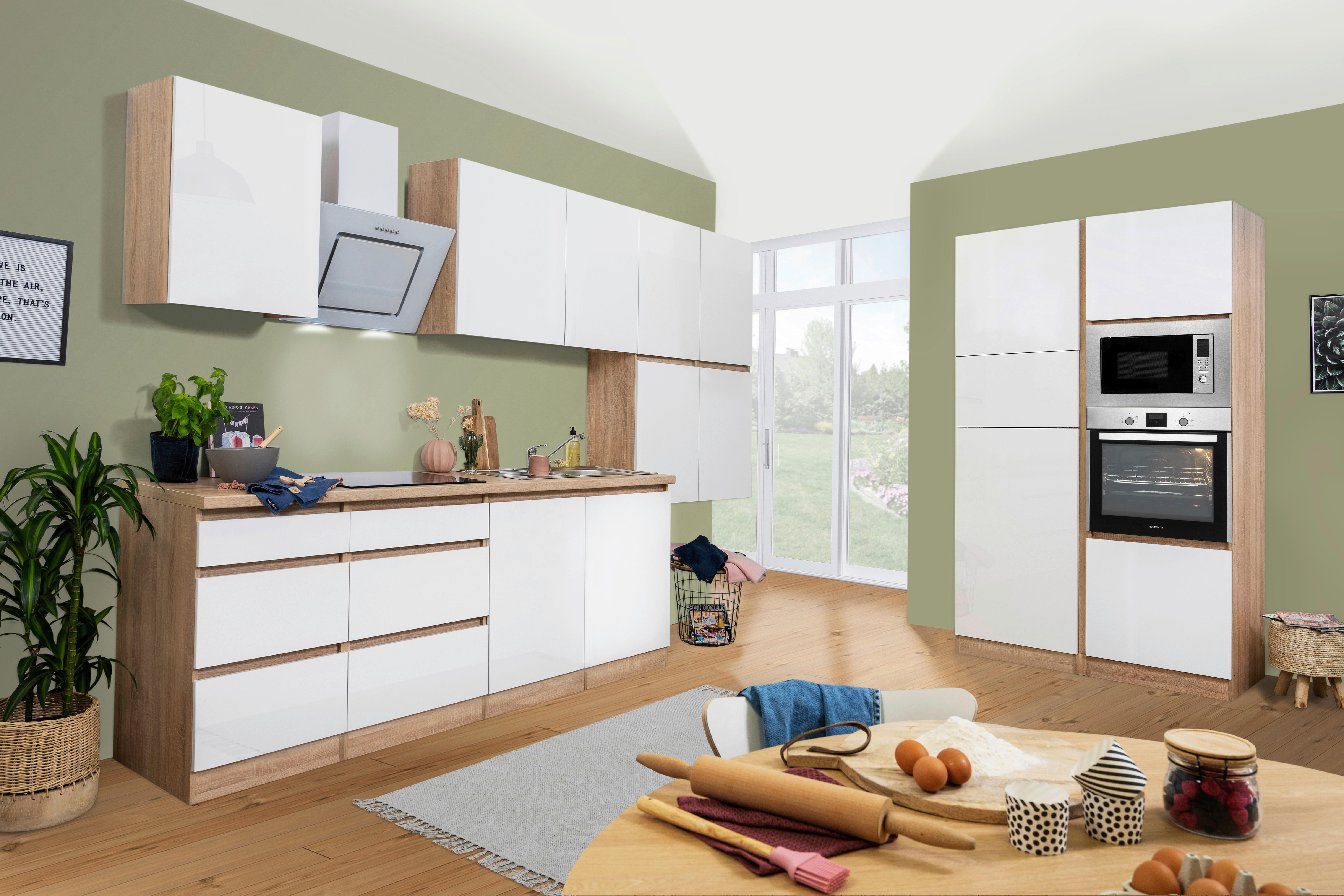 Respekta Küchenblock Premium weiß hochglänzend B/H/T: ca. 445x220,5x60 cm Premium - Eiche/weiß (445,00/220,50/60,00cm) - Respekta