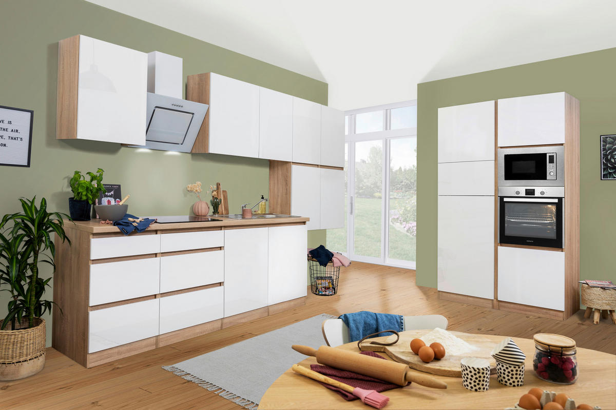 Respekta Küchenblock Premium weiß hochglänzend B/H/T: ca. 445x220,5x60 cm Premium - Eiche/weiß (445,00/220,50/60,00cm) - Respekta