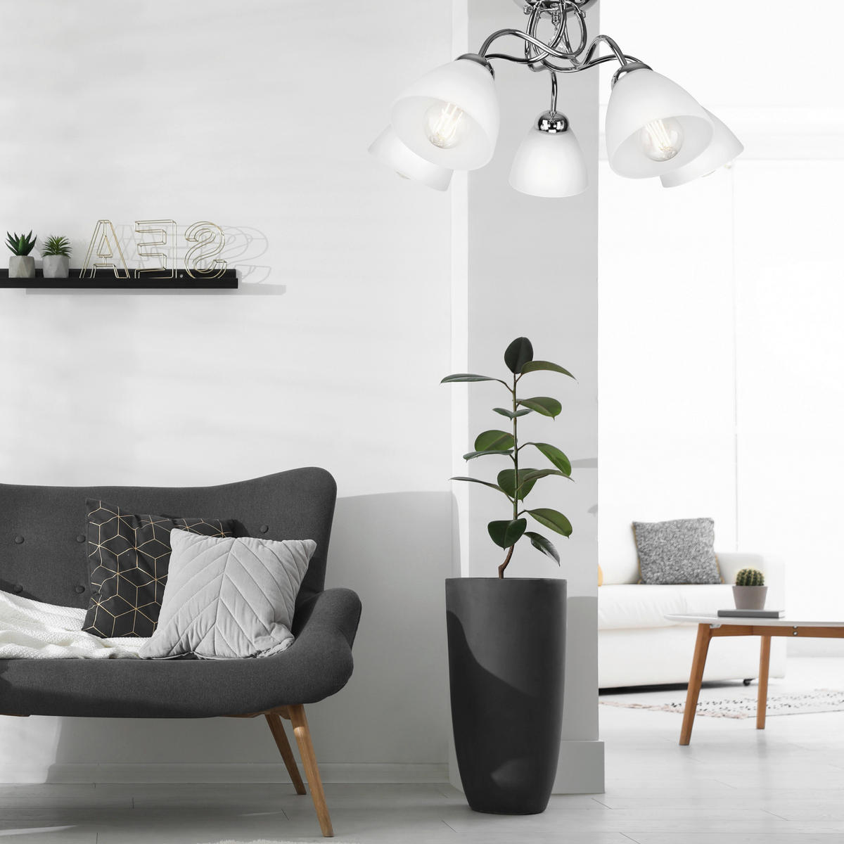 Lamkur Deckenleuchte MIRANDA 43609 Chrom Glas Metall H/L: ca. 31x60 cm E27 5 Brennstellen Miranda - Chrom (60,00cm) - Lamkur
